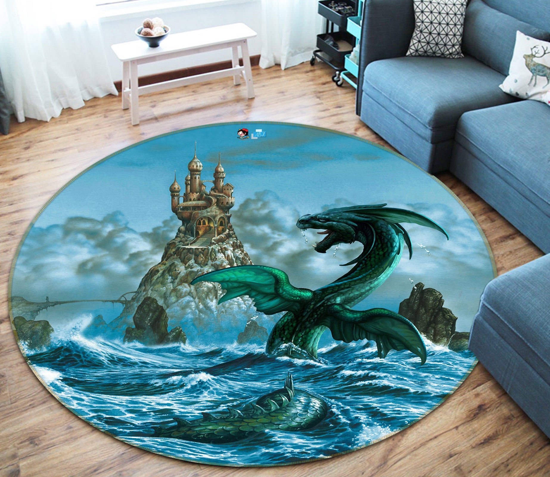 3D Sea Dragon Castle 6058 Ciruelo Rug Round Non Slip Rug Mat