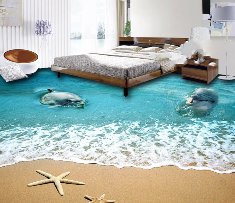 3D Beach Dolphins 444 Floor Mural  Wallpaper Murals Rug & Mat Print Epoxy waterproof bath floor