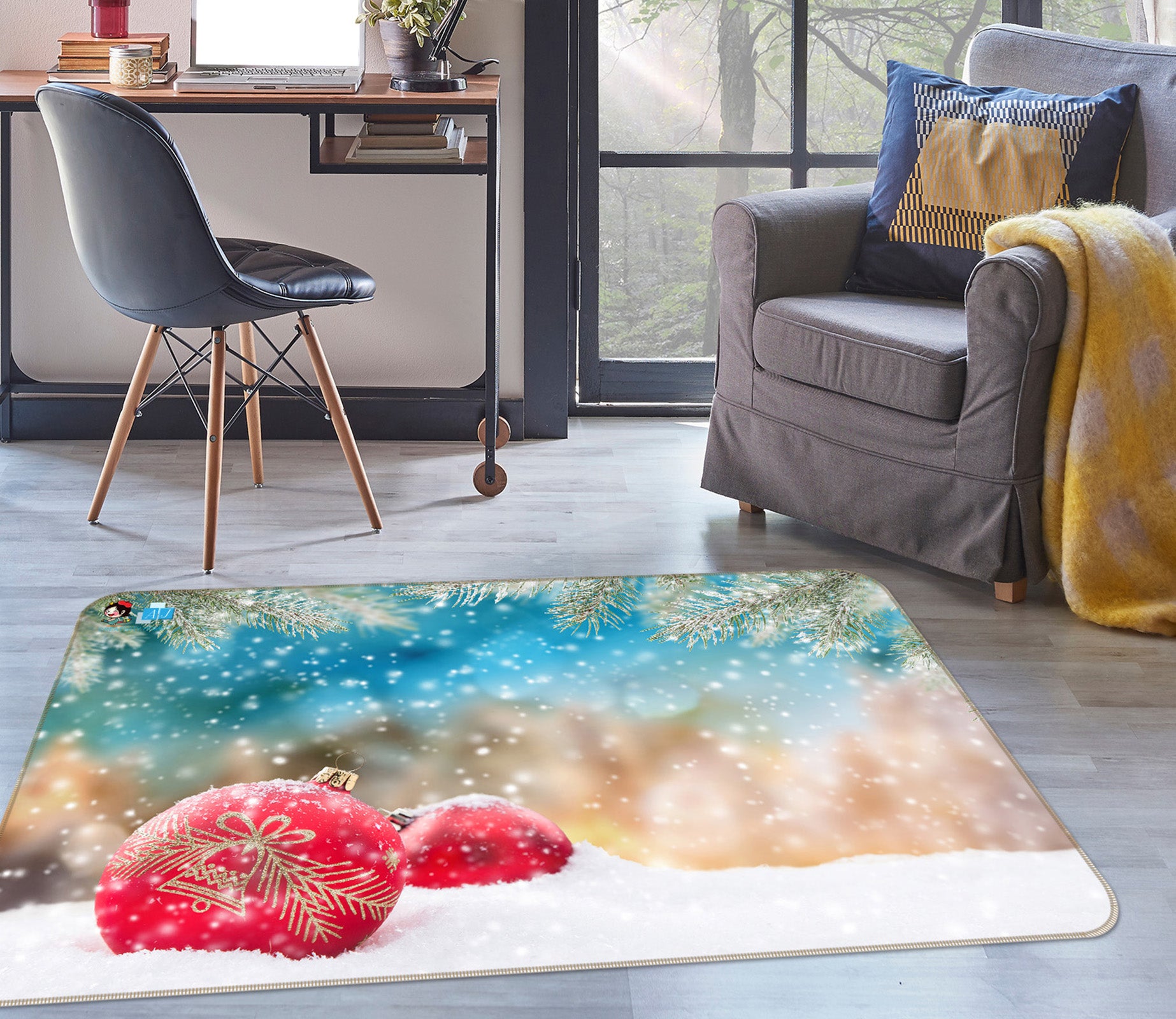 3D Red Sphere Snow 56217 Christmas Non Slip Rug Mat Xmas