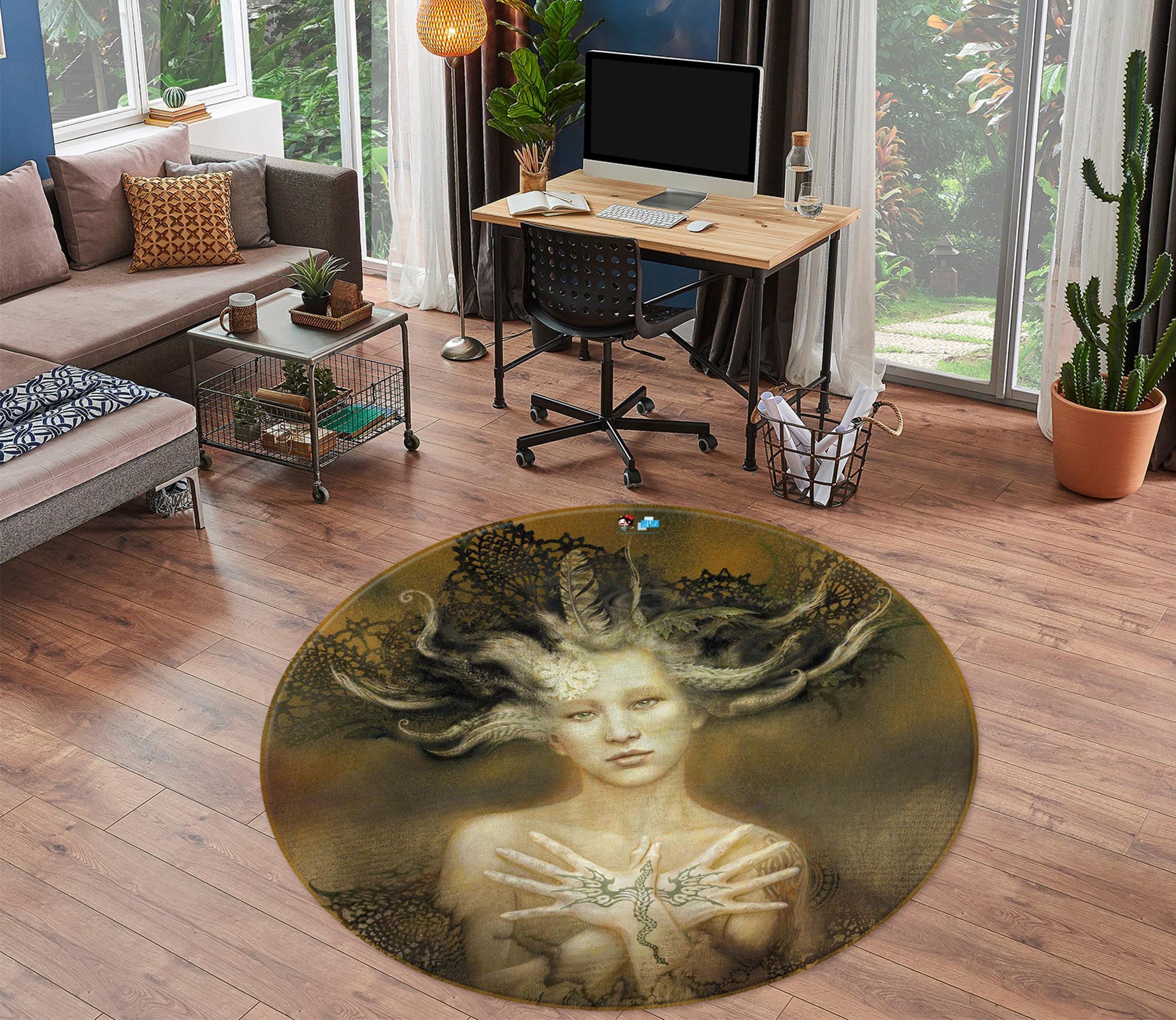 3D Dragon Girl 6145 Ciruelo Rug Round Non Slip Rug Mat