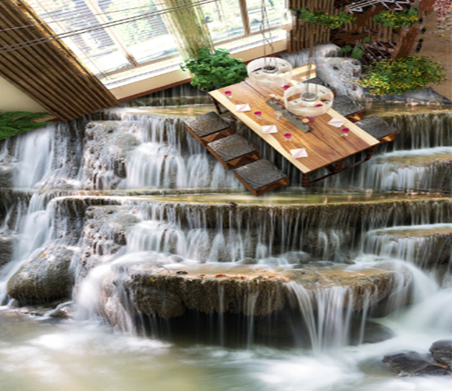 3D Stone Steps Waterfall 0222 Floor Mural  Wallpaper Murals Rug & Mat Print Epoxy waterproof bath floor