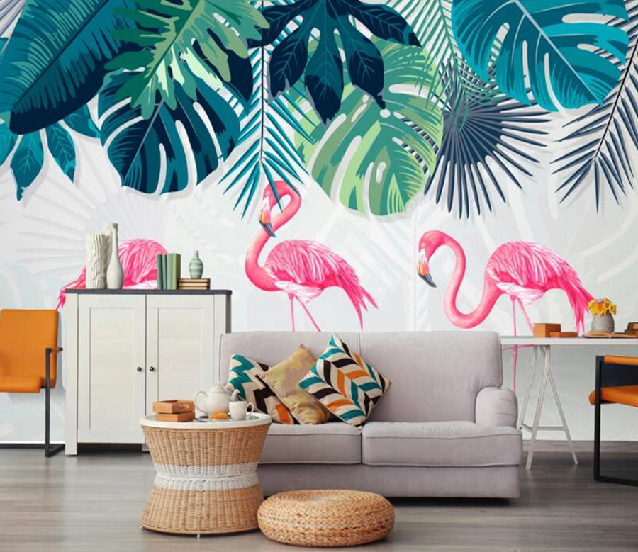 3D Dark Leaves And Love Flamingos 470 Wall Murals