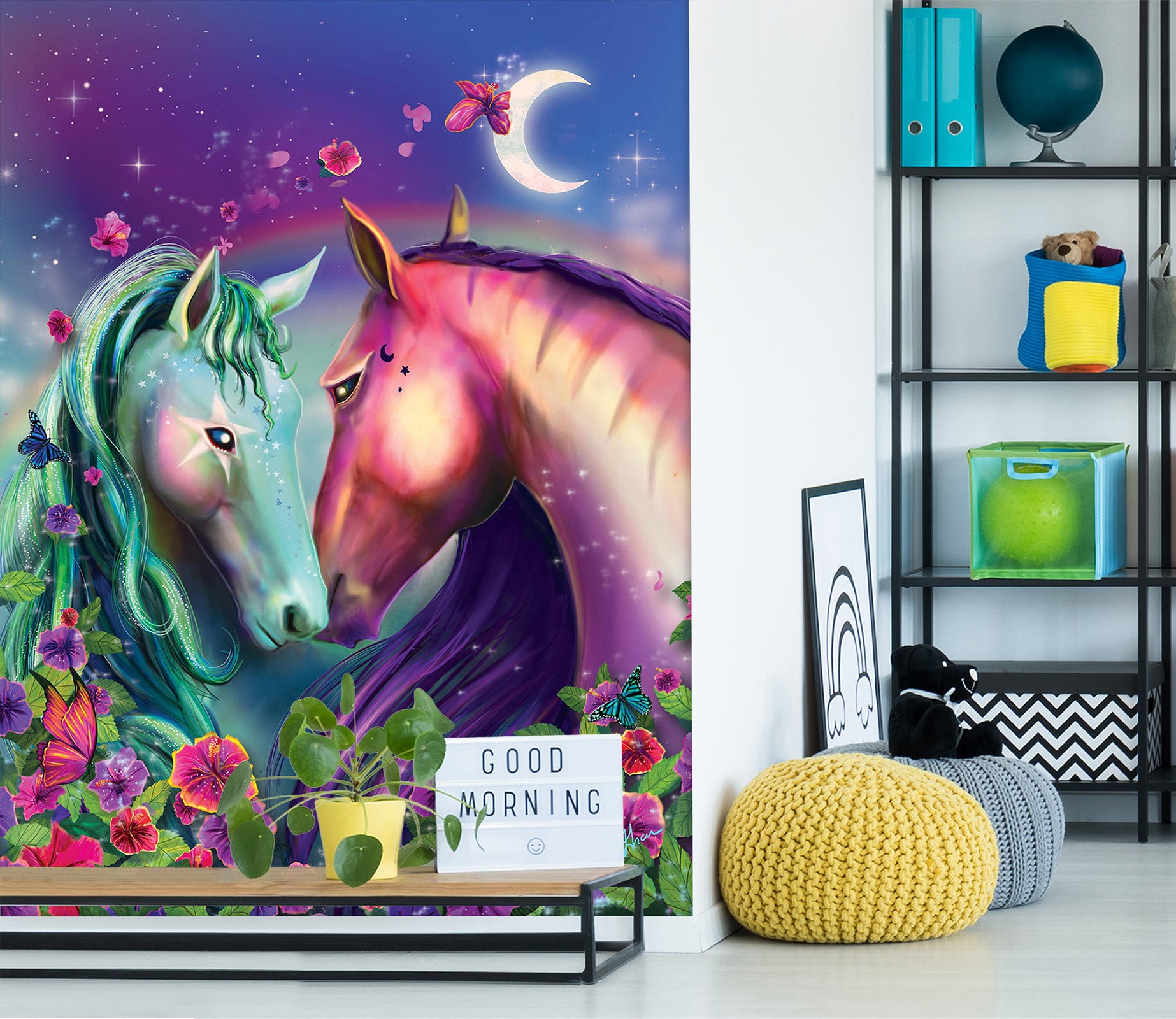 3D Two Horses 1424 Rose Catherine Khan Wall Mural Wall Murals