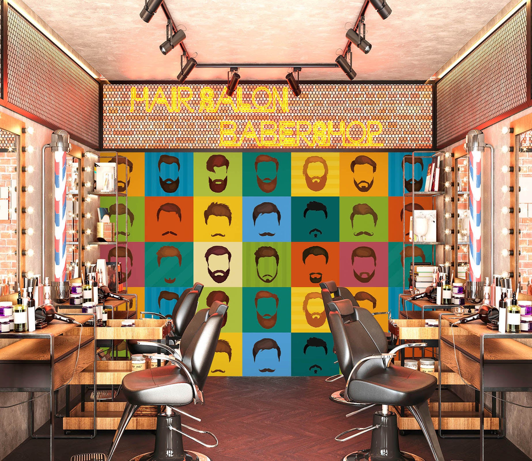 3D Colorful Hairstyle Squares 115151 Barber Shop Wall Murals