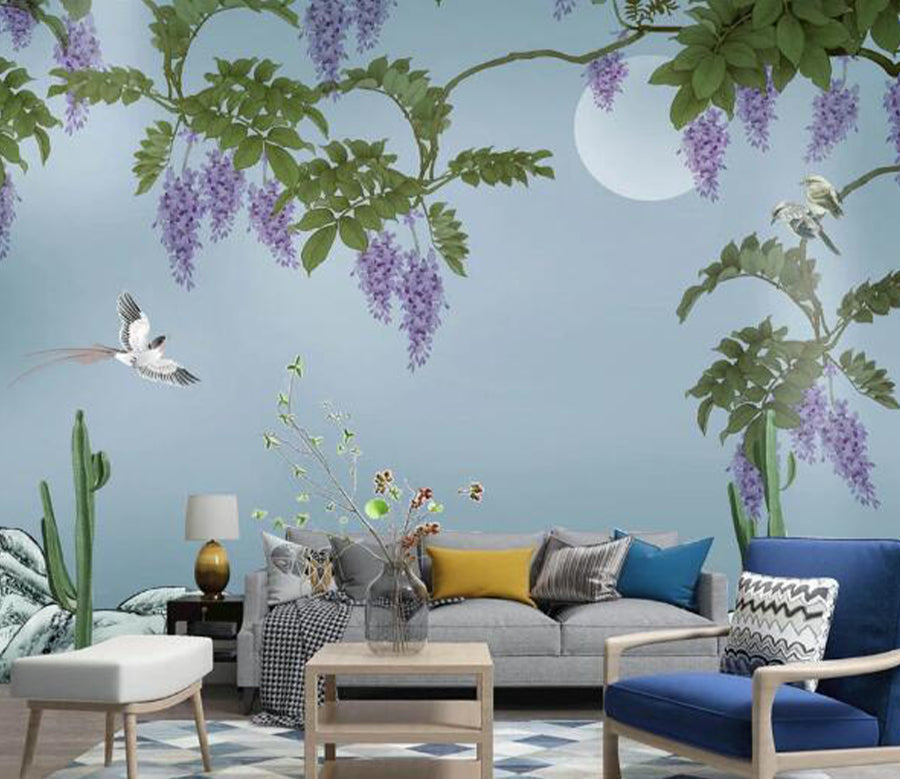 3D Purple Flower Swallow WC2435 Wall Murals