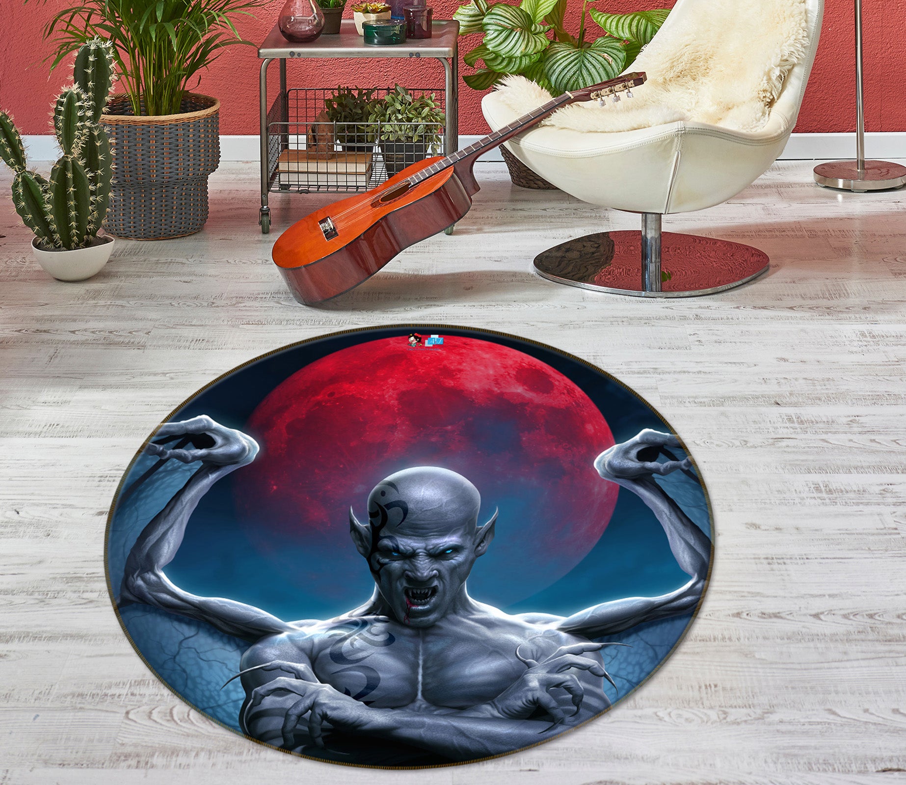 3D Red Moon Dragon Man 4164 Tom Wood Rug Round Non Slip Rug Mat