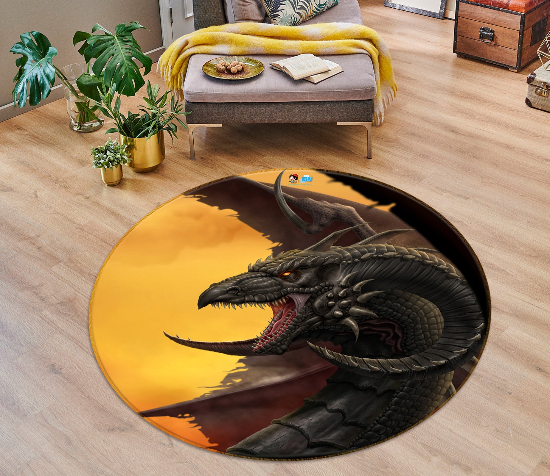 3D Dragon 4159 Tom Wood Rug Round Non Slip Rug Mat
