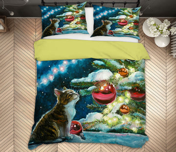 3D Cat Red Ball Tree 52178 Christmas Quilt Duvet Cover Xmas Bed Pillowcases