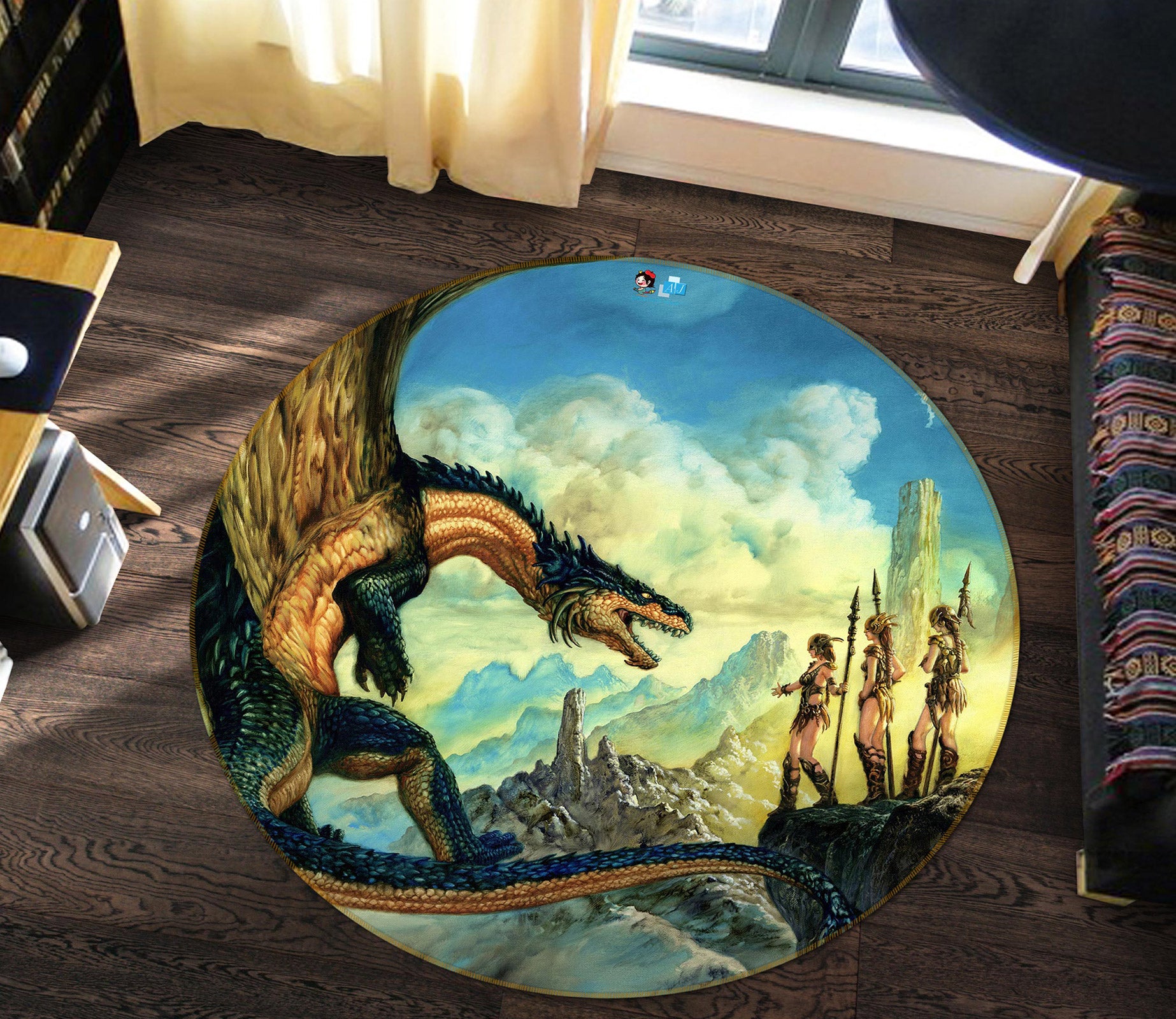3D Dragon Female Warrior 6135 Ciruelo Rug Round Non Slip Rug Mat