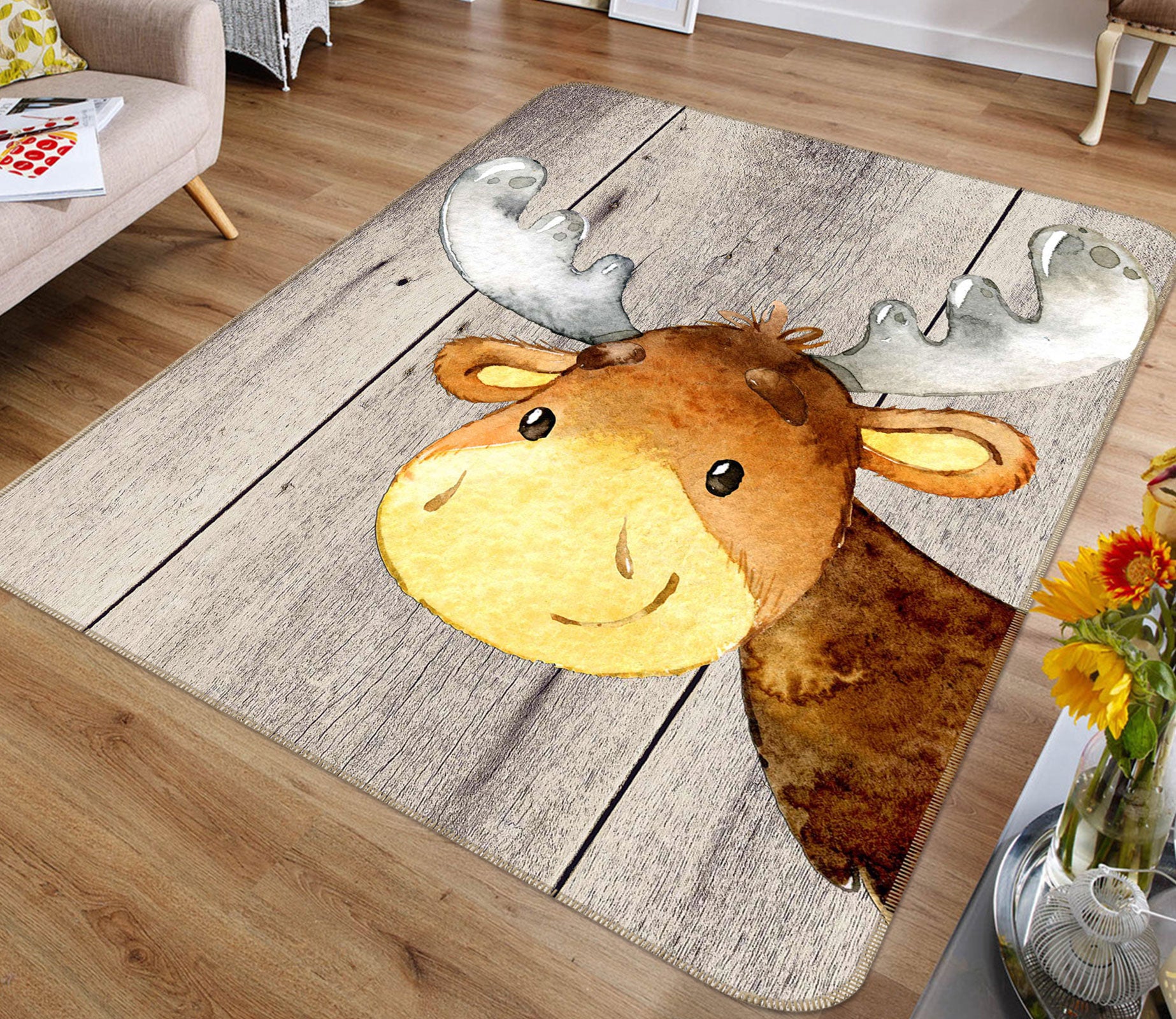 3D Yellow Reindeer 136 Uta Naumann Rug Non Slip Rug Mat