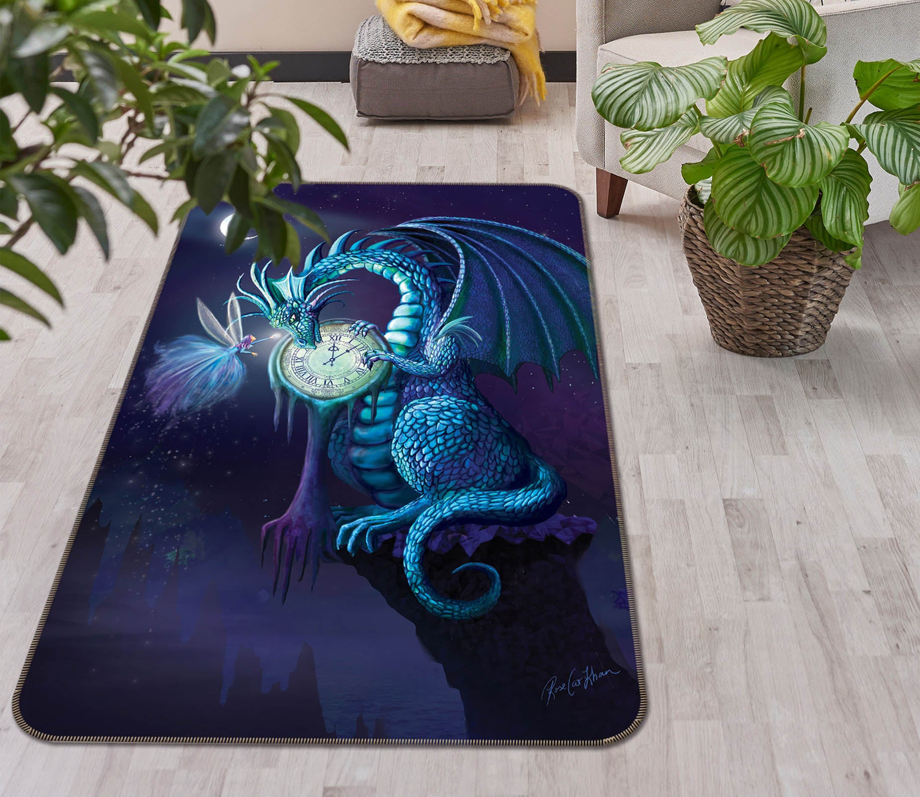 3D Clock Dragon 3034 Rose Catherine Khan Rug Non Slip Rug Mat