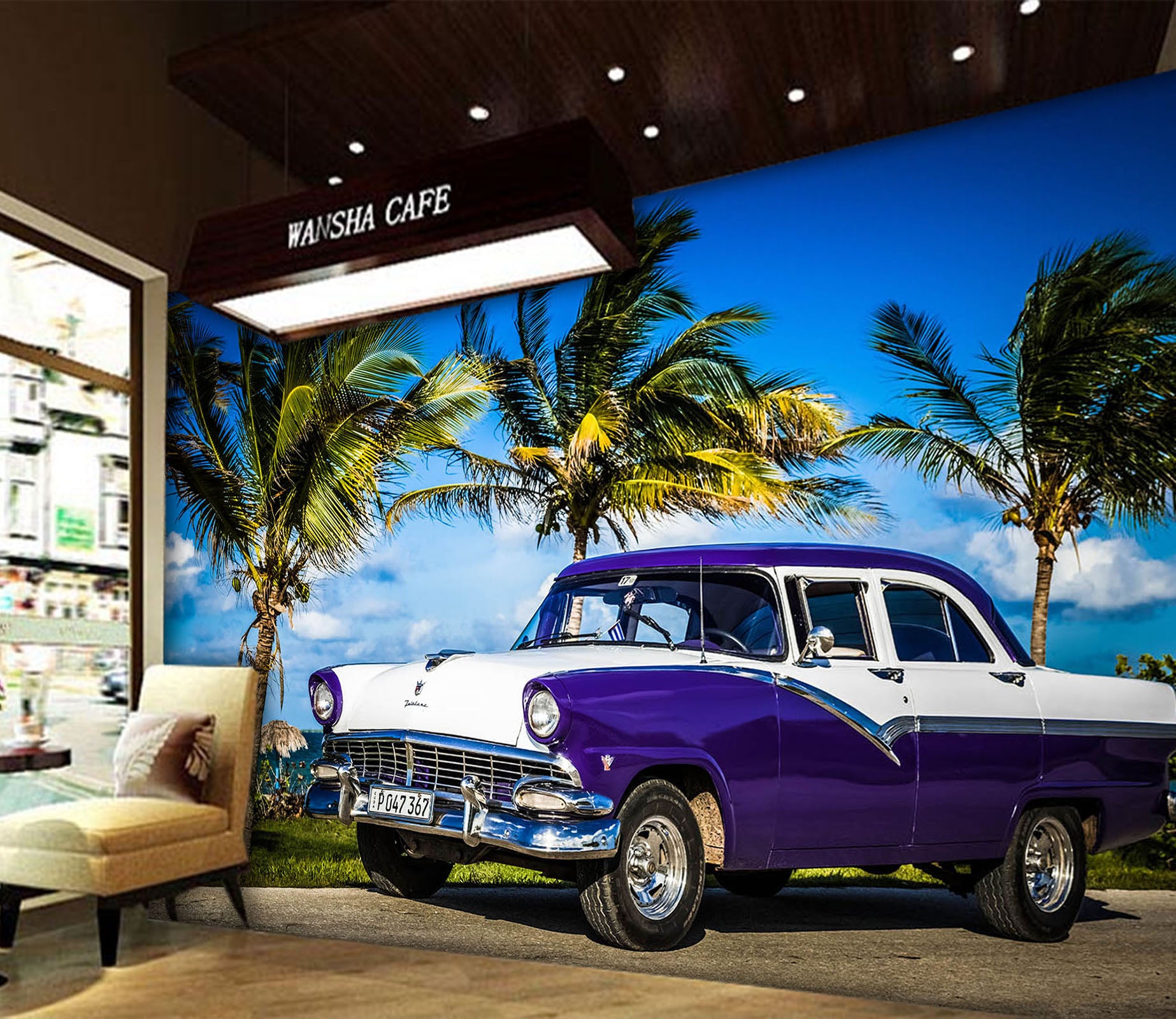 3D Green Tree Blue Car 366 Vehicle Wall Murals