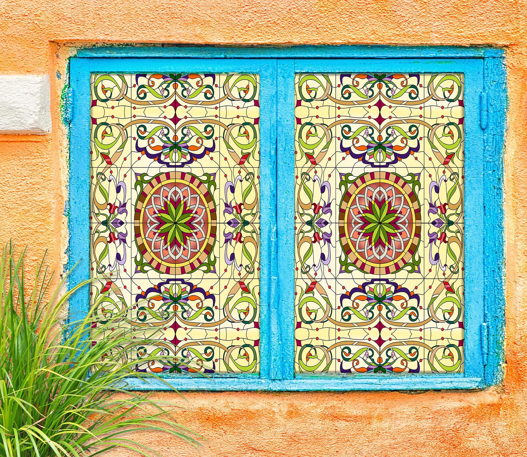 3D Green Round 009 Window Film Print Sticker Cling Stained Glass UV Block