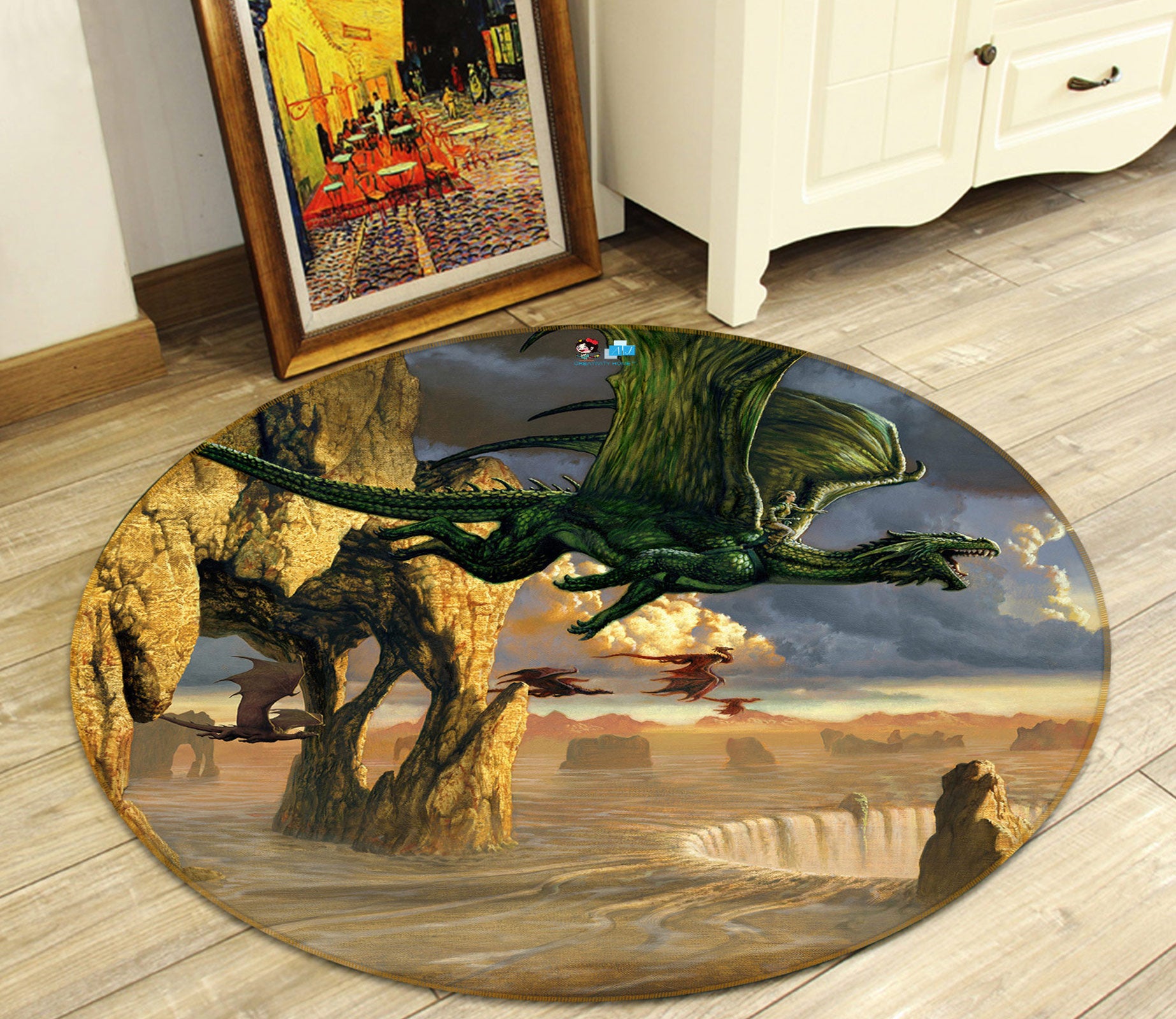 3D Green Dragon Stone 6138 Ciruelo Rug Round Non Slip Rug Mat