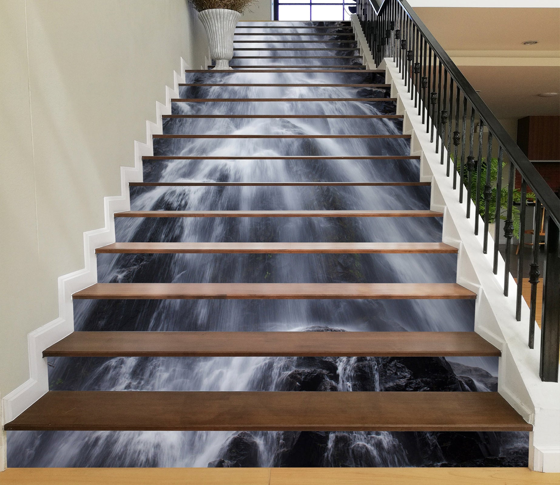 3D White Turbulent Waterfall 477 Stair Risers