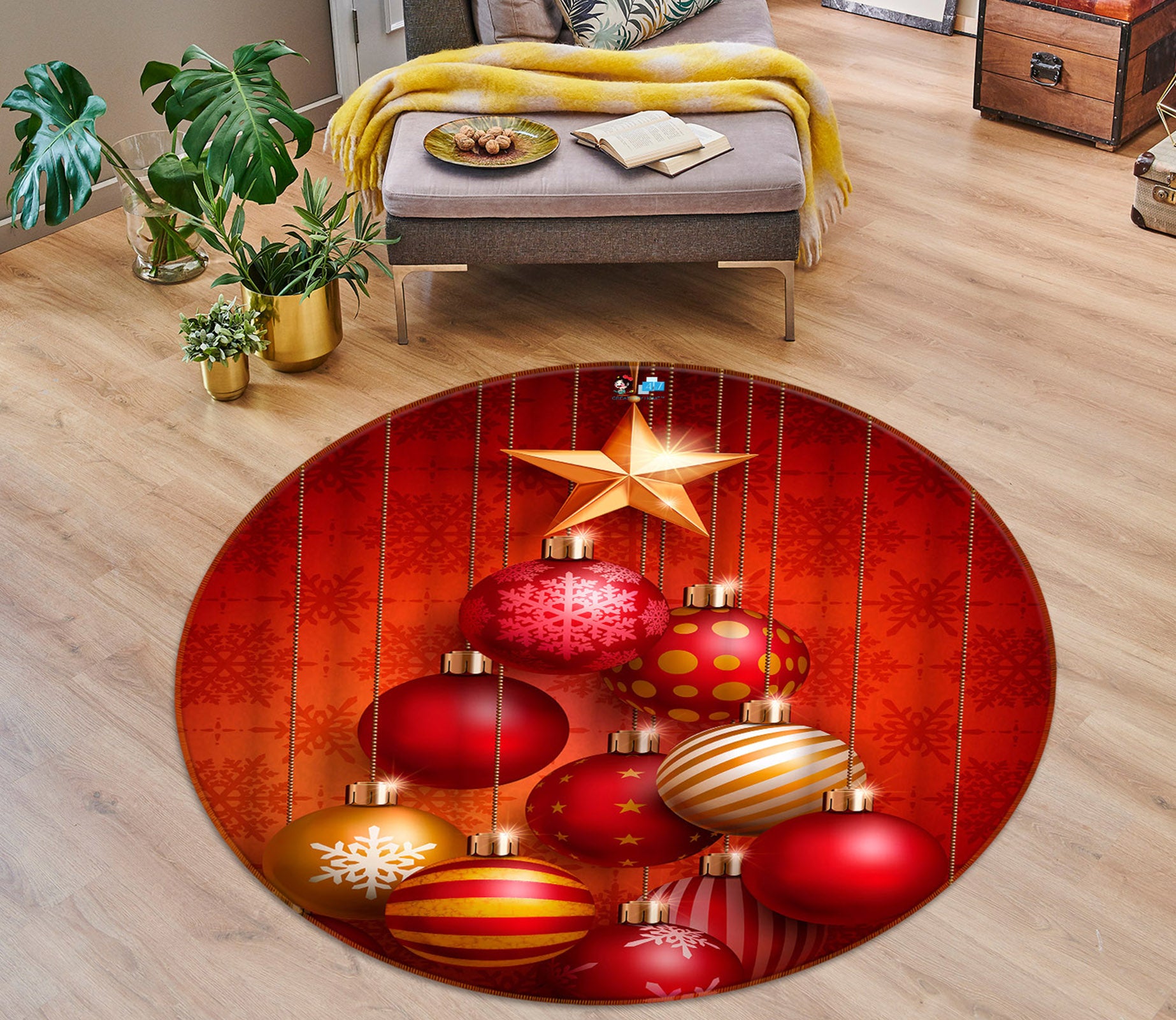 3D Red Ball 55260 Christmas Round Non Slip Rug Mat Xmas