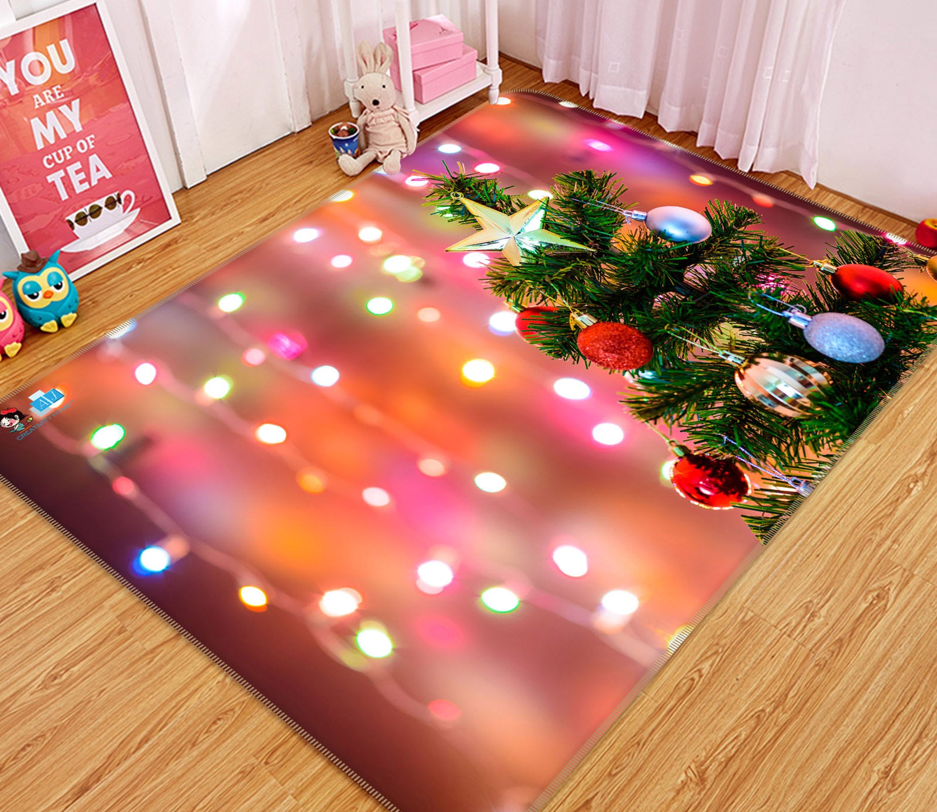 3D Tree Colorful Ball String Lights 56259 Christmas Non Slip Rug Mat Xmas
