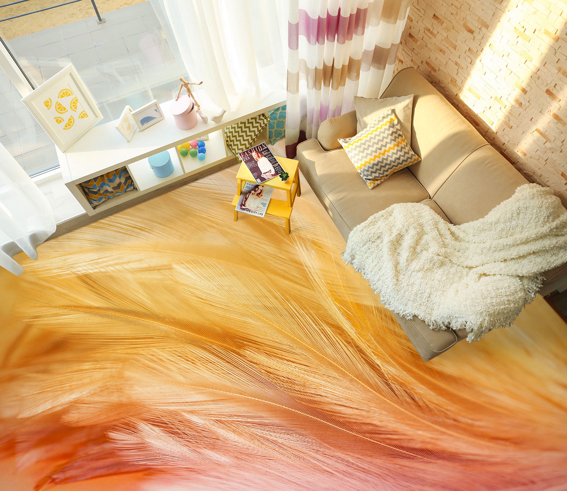 3D Warm Yellow Feathers 1140 Floor Mural  Wallpaper Murals Self-Adhesive Removable Print Epoxy