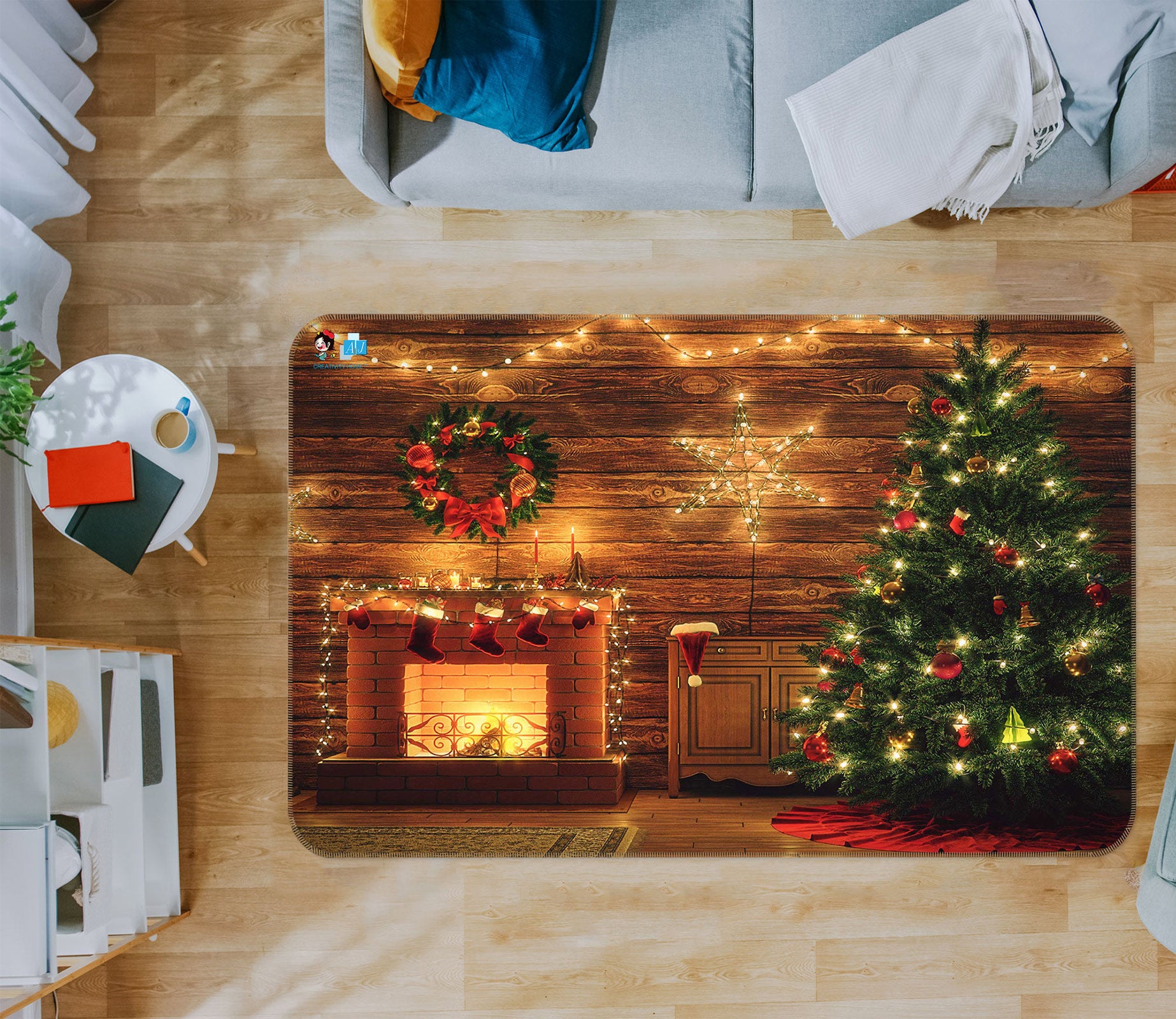 3D Fireplace Tree 56168 Christmas Non Slip Rug Mat Xmas