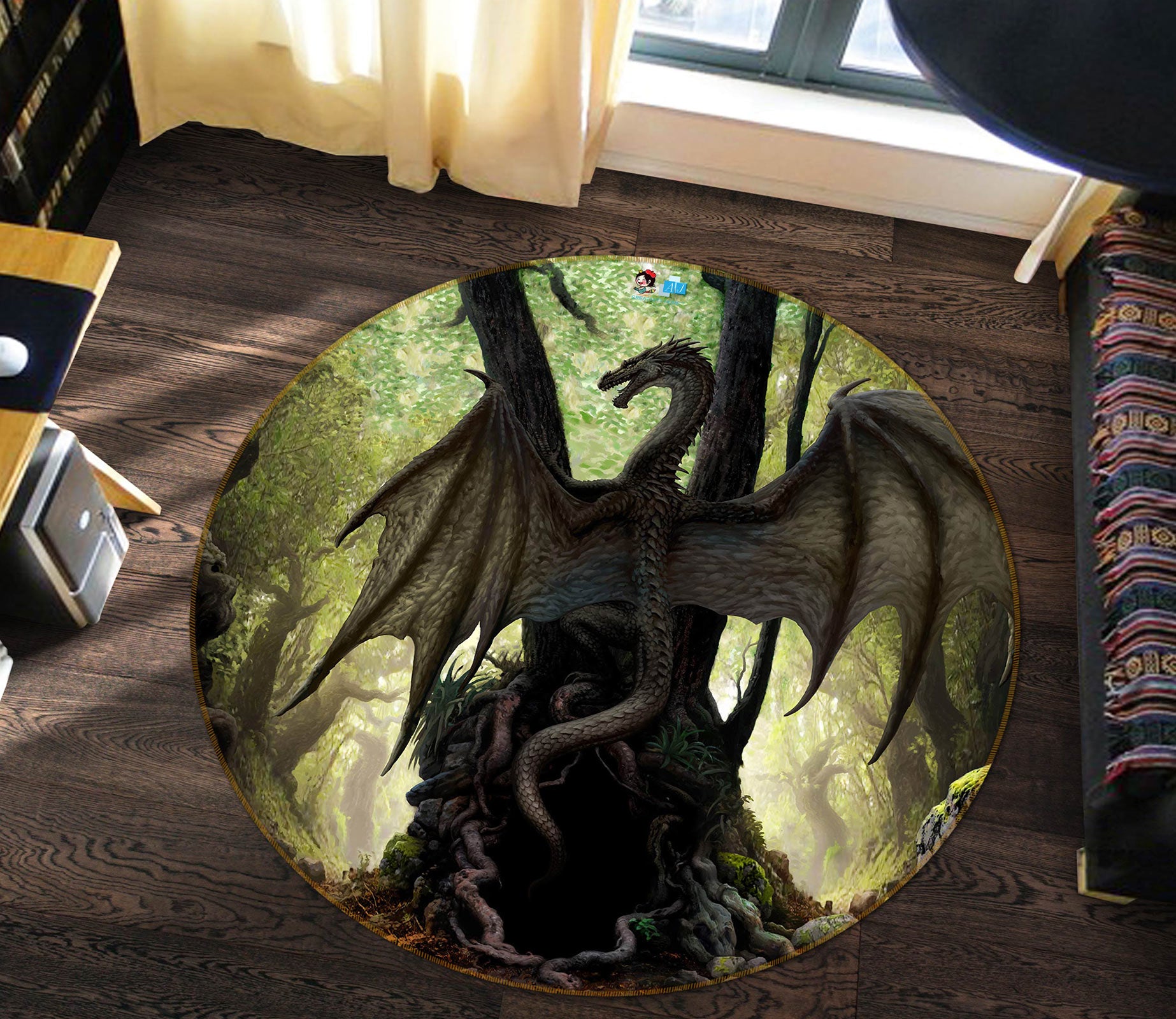 3D Trees Dragon 6144 Ciruelo Rug Round Non Slip Rug Mat