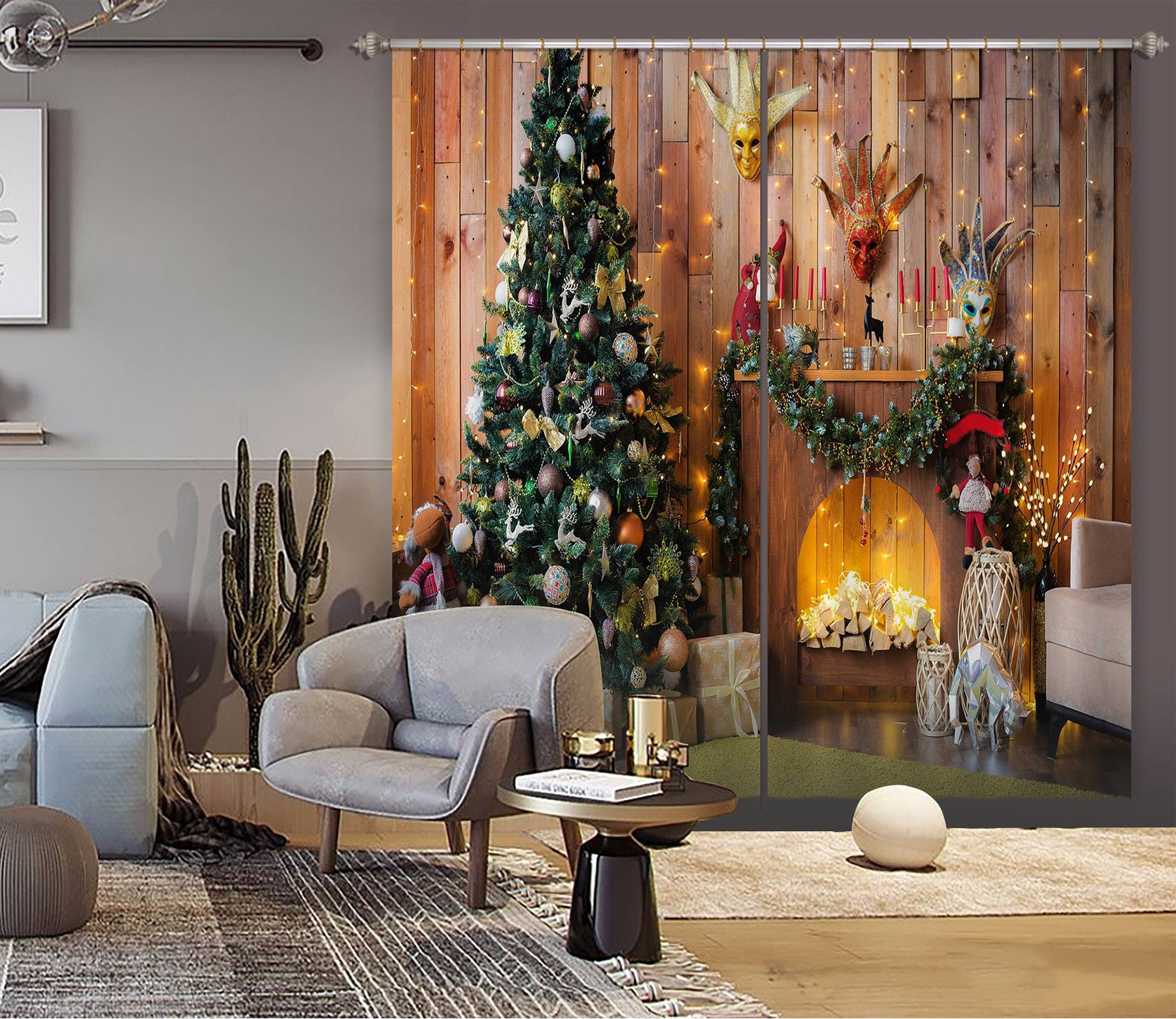 3D Tree Fireplace 53126 Christmas Curtains Drapes Xmas