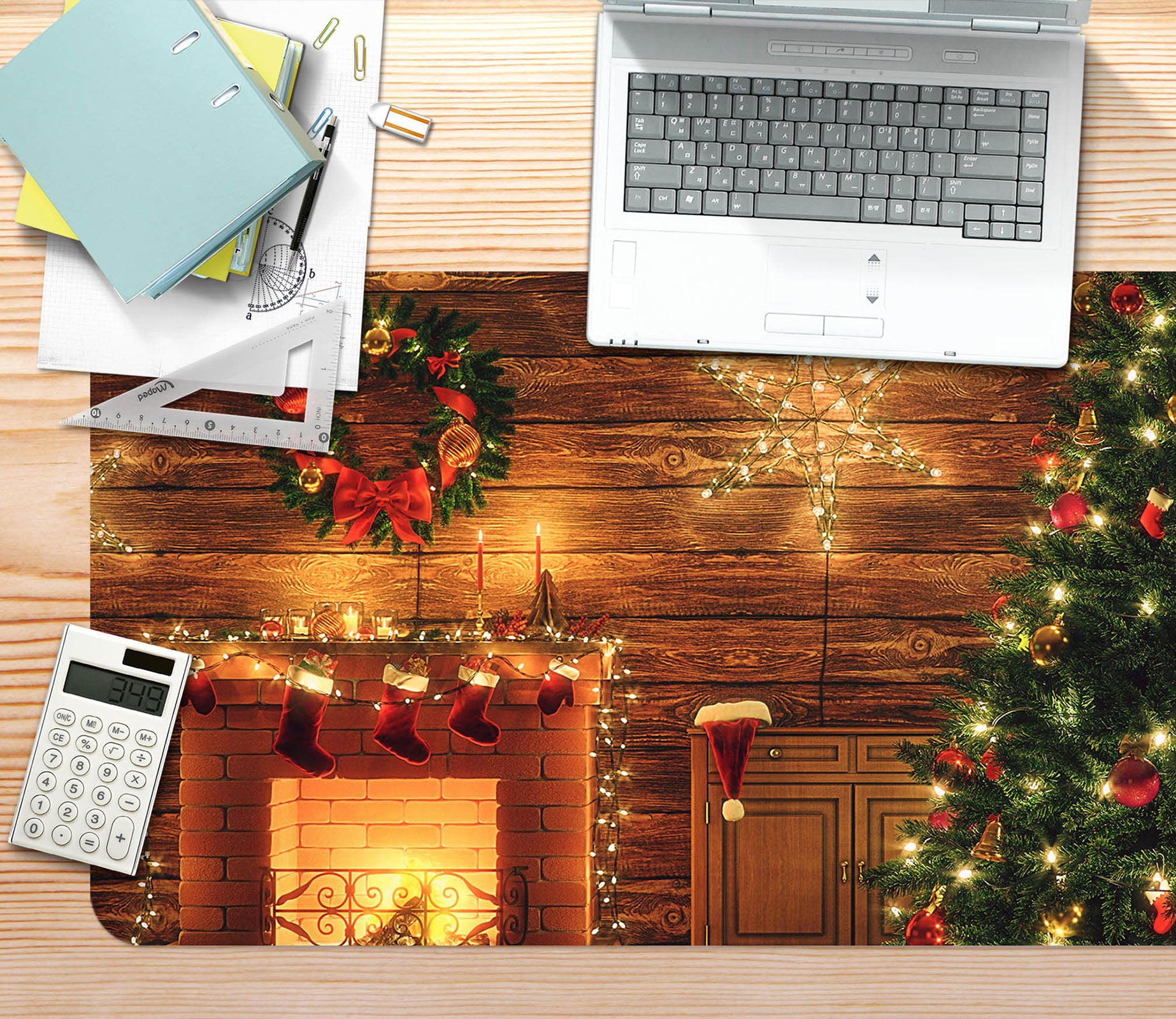3D Fireplace Tree 53245 Christmas Desk Mat Xmas