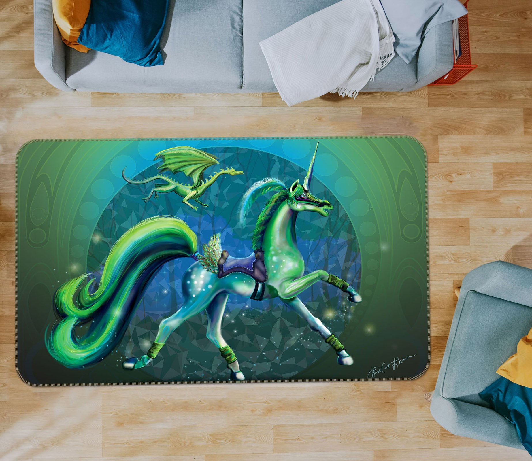 3D Green Unicorn 3020 Rose Catherine Khan Rug Non Slip Rug Mat