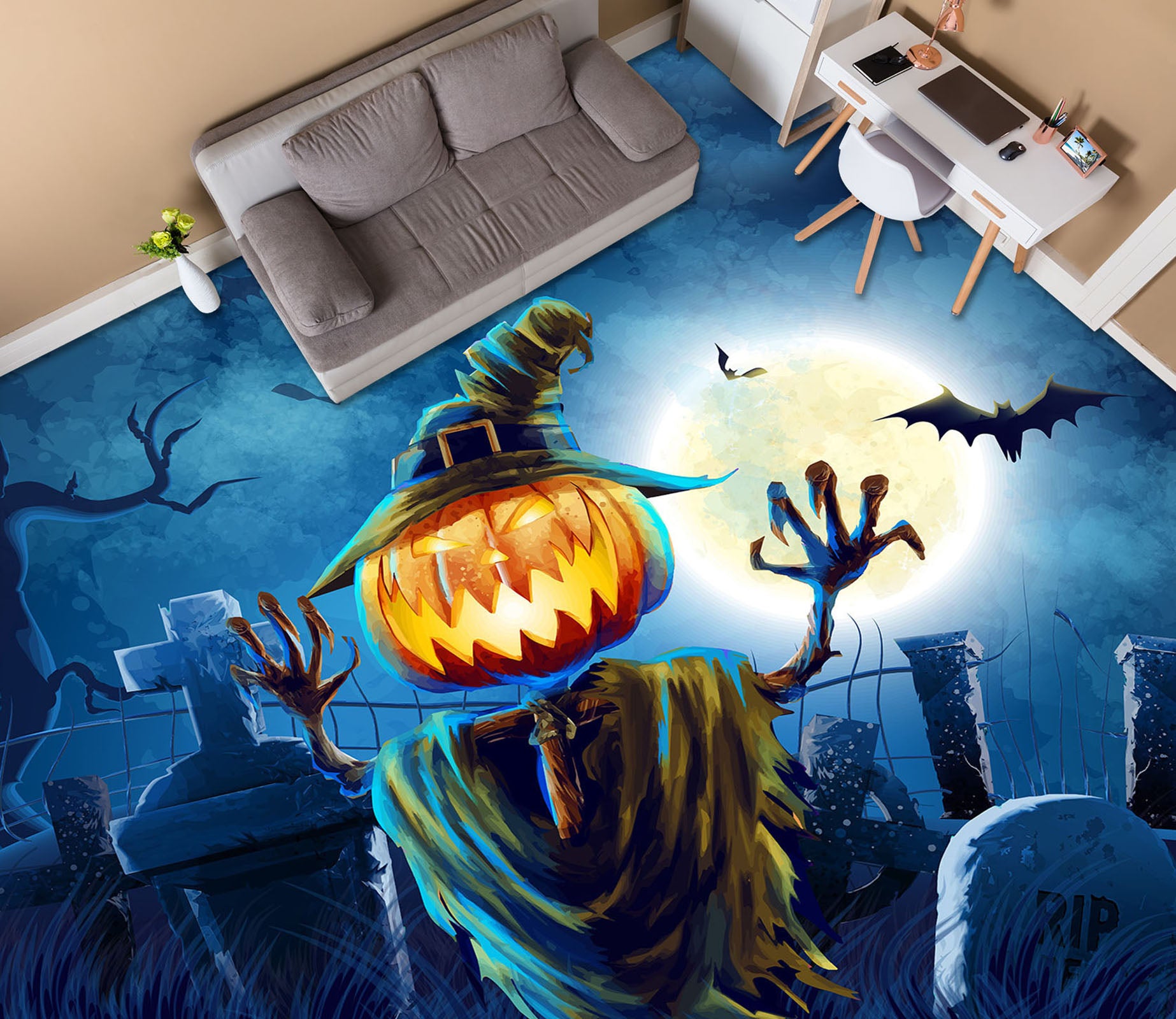 3D Pumpkin Bat 004 Floor Mural  Self-Adhesive Sticker Bathroom Non-slip Waterproof Flooring Murals