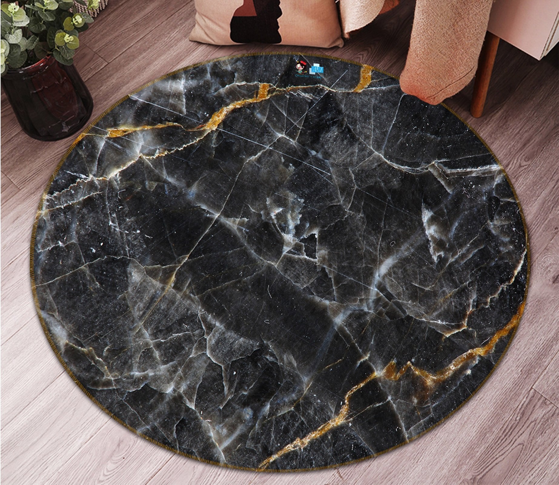 3D Stone Pattern Black 110 Round Non Slip Rug Mat Mat AJ Creativity Home 