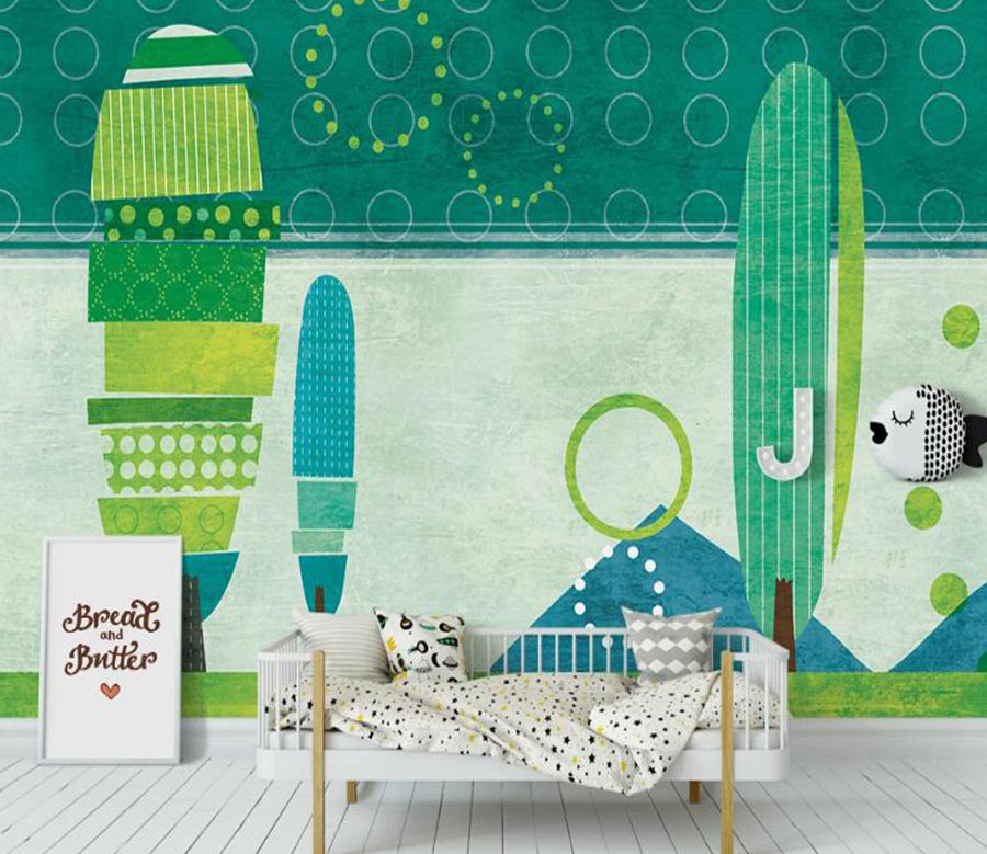 3D Green Childlike Cactus 1037 Wall Murals
