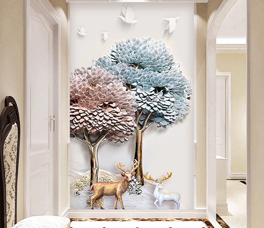 3D Pink Tree Deer WG006 Wall Murals