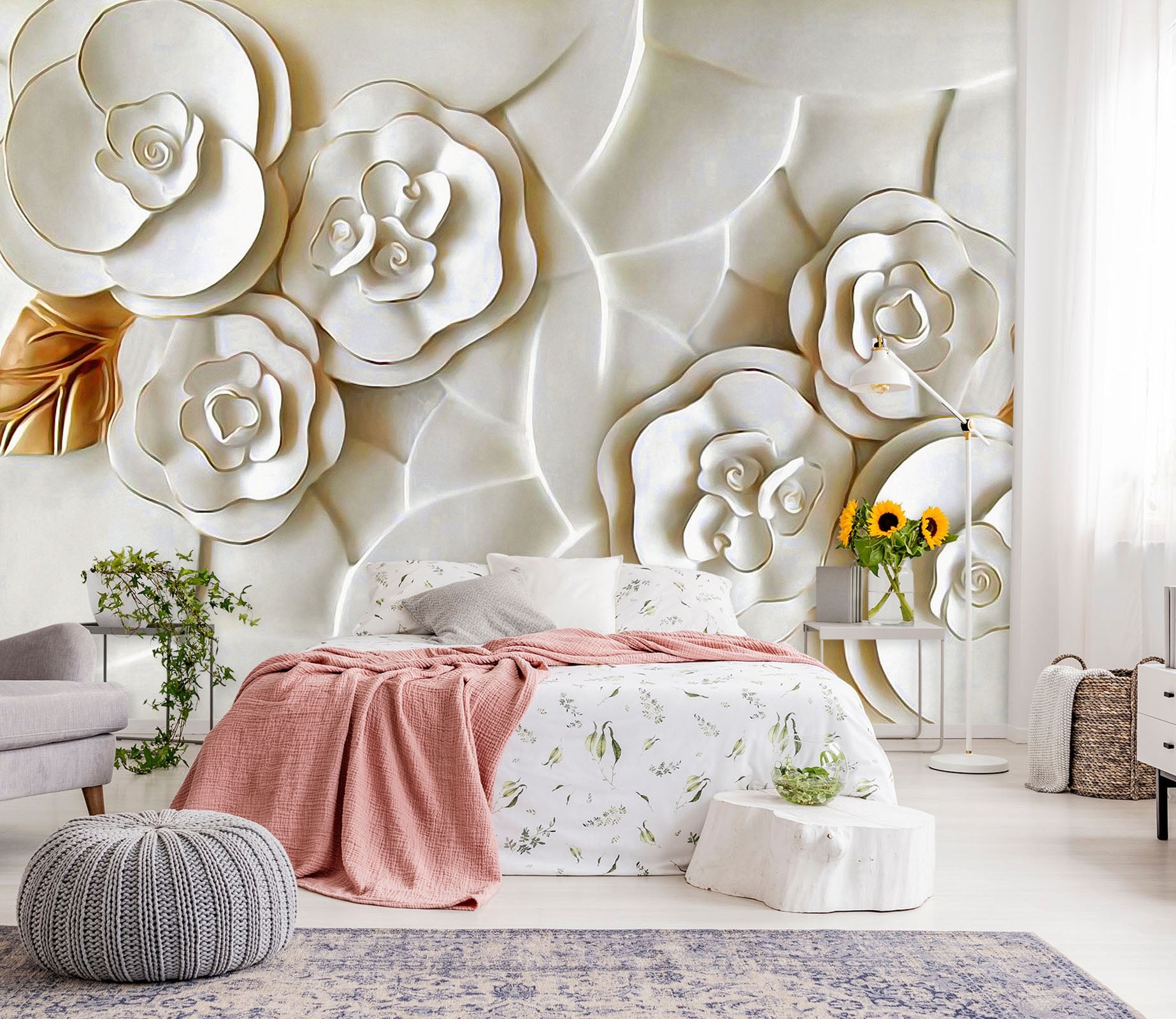 3D Embossed White Flower 145 Wall Murals Wallpaper AJ Wallpaper 2 