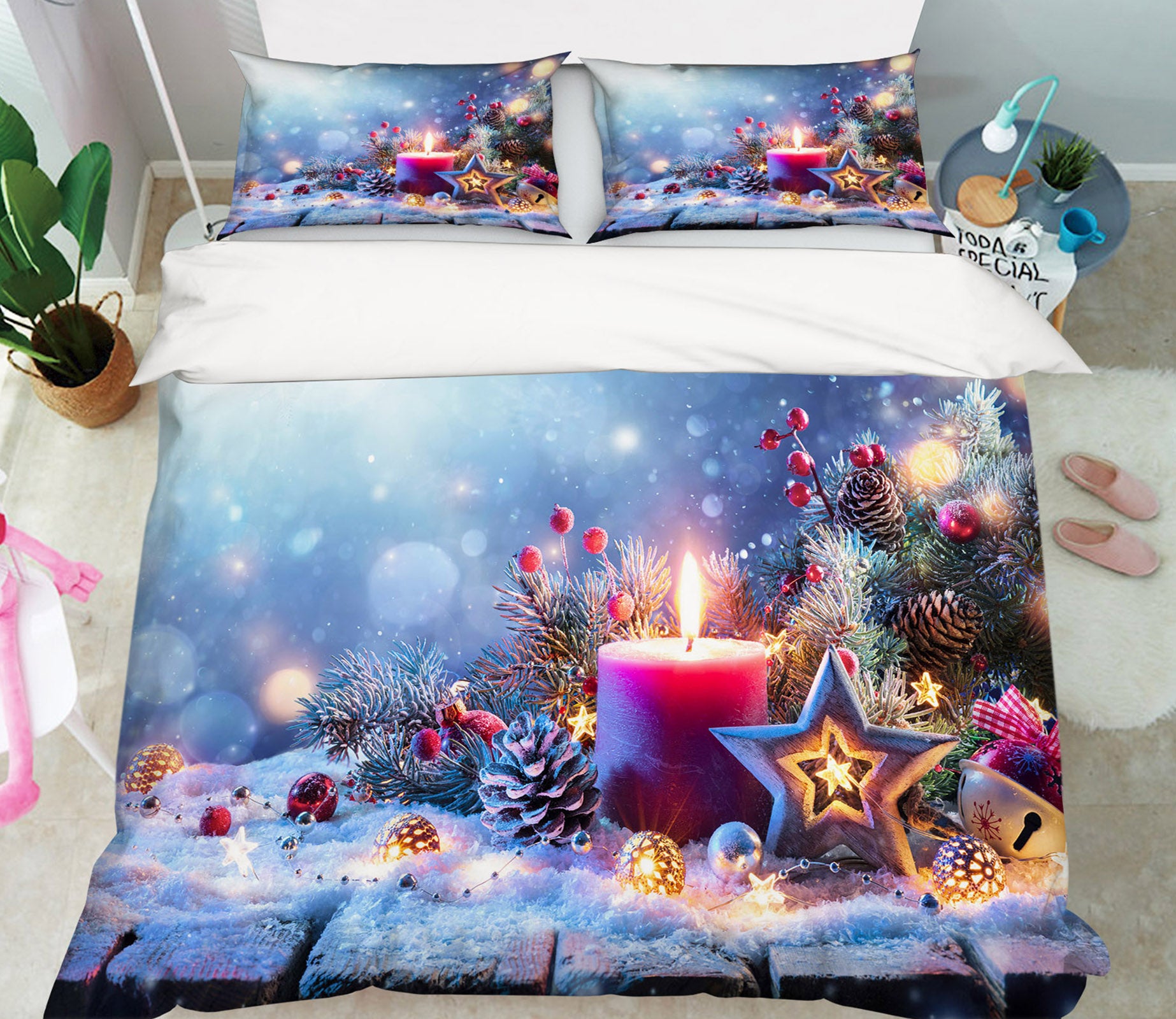 3D Candle Snow 53049 Christmas Quilt Duvet Cover Xmas Bed Pillowcases
