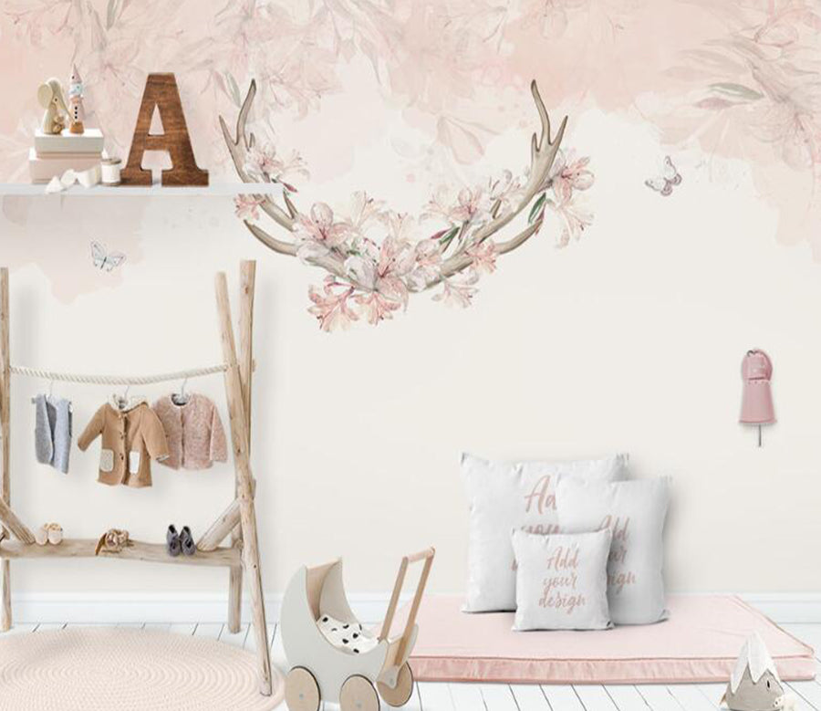 3D Antlers Entwined By Flowers 877 Wall Murals