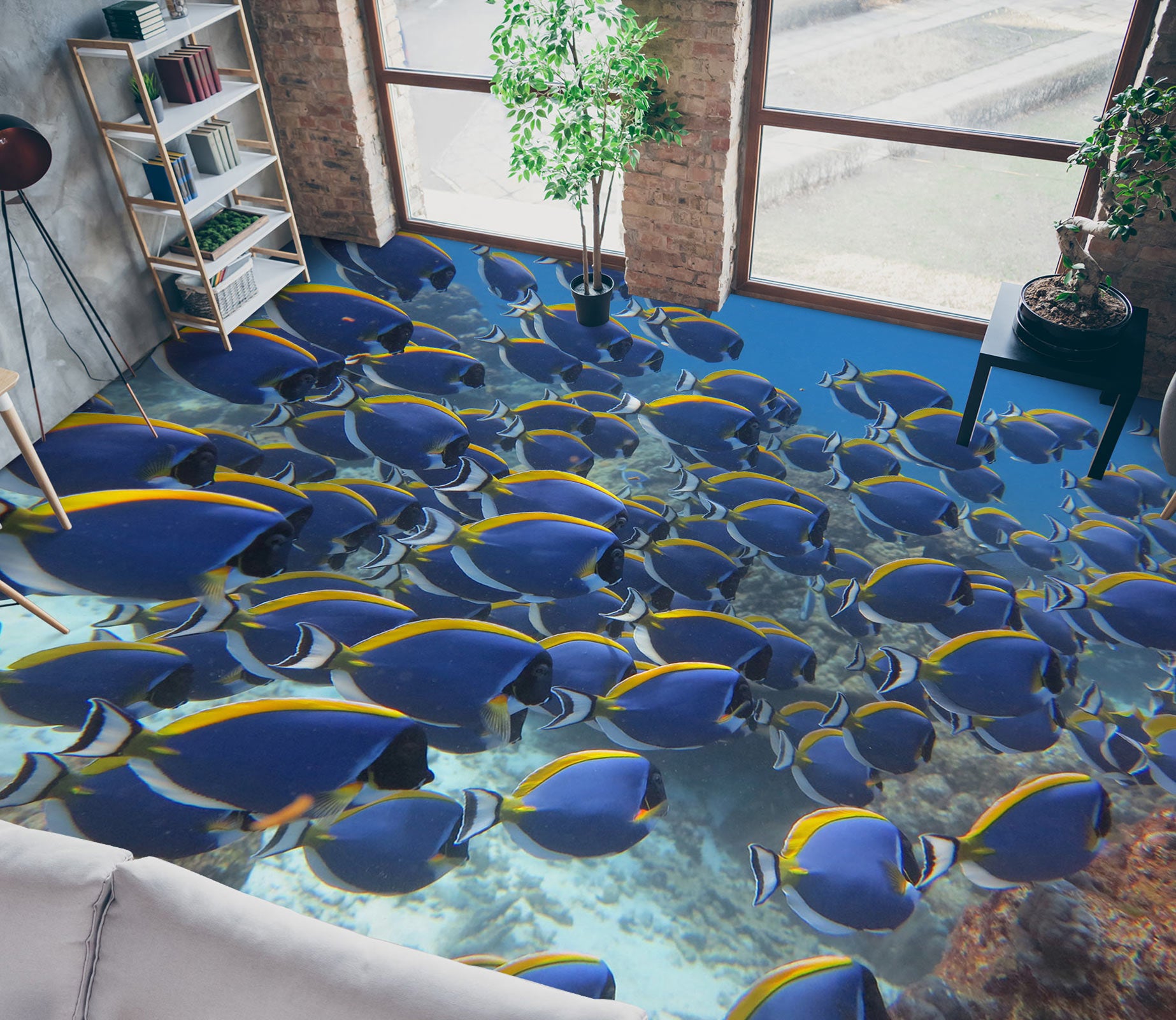3D Blue-yellow Fish 629 Floor Mural  Wallpaper Murals Rug & Mat Print Epoxy waterproof bath floor