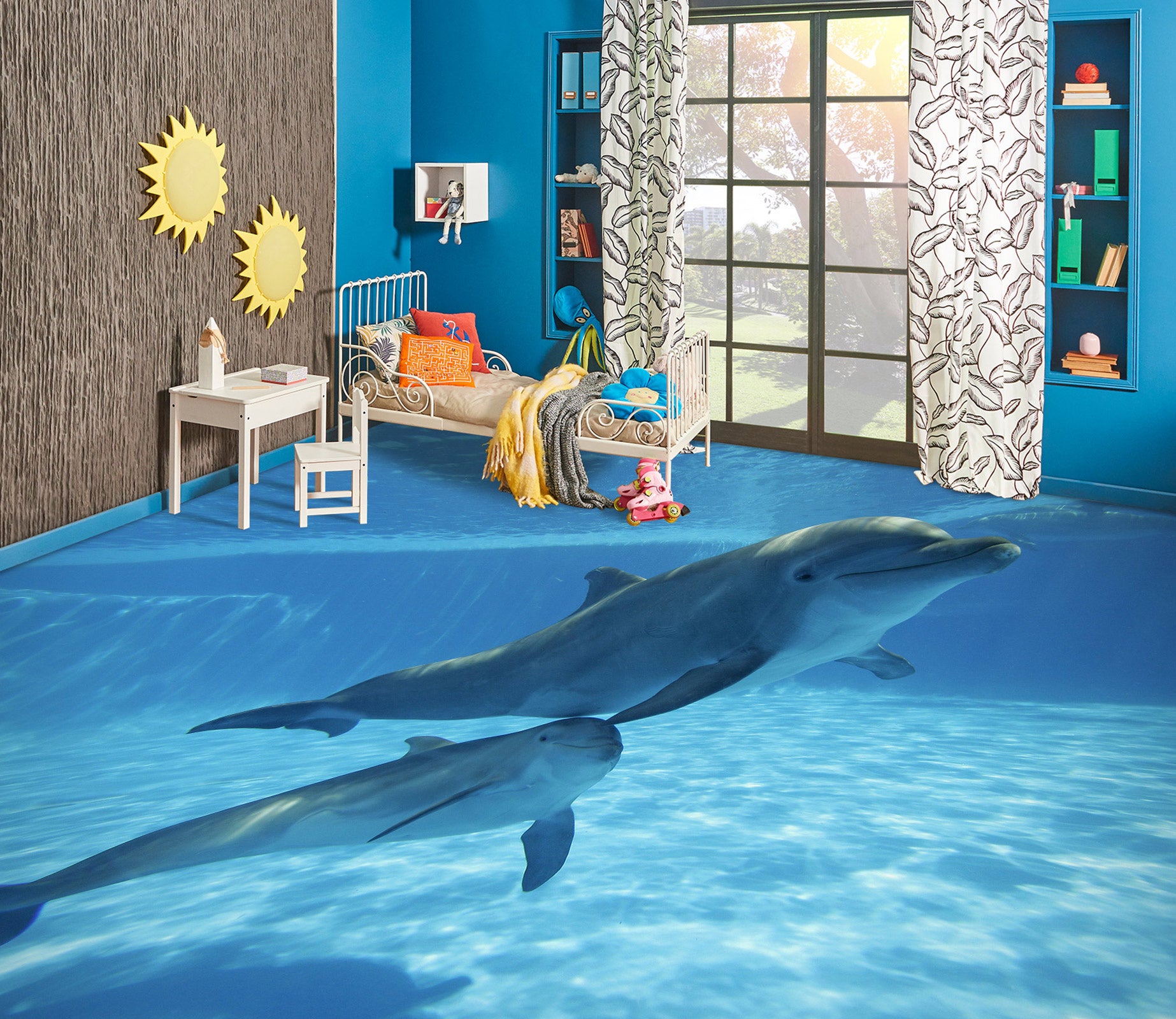3D Graceful Dolphins 1335 Floor Mural  Wallpaper Murals Self-Adhesive Removable Print Epoxy