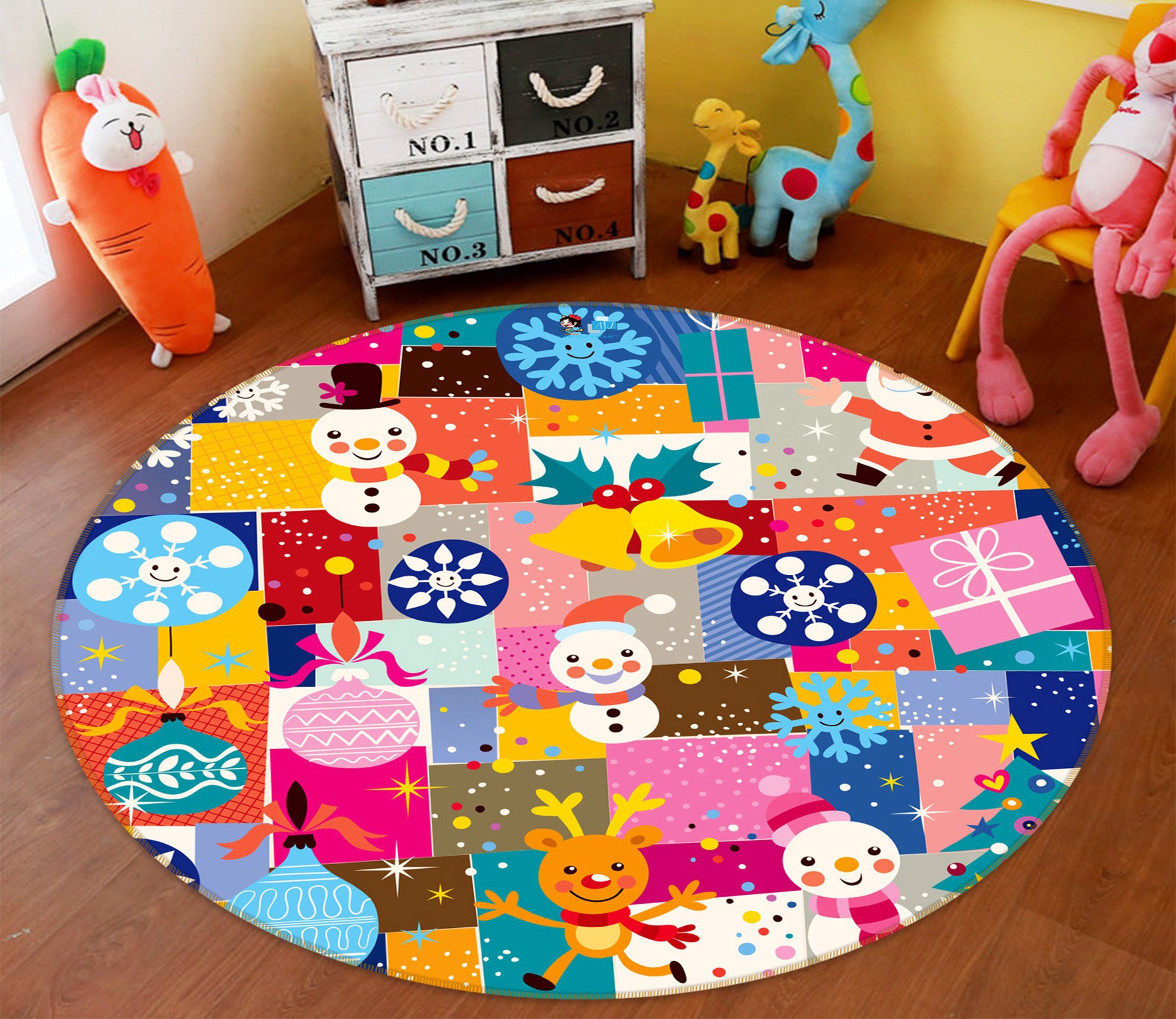 3D Colorful Square Snowman Bell 55170 Christmas Round Non Slip Rug Mat Xmas