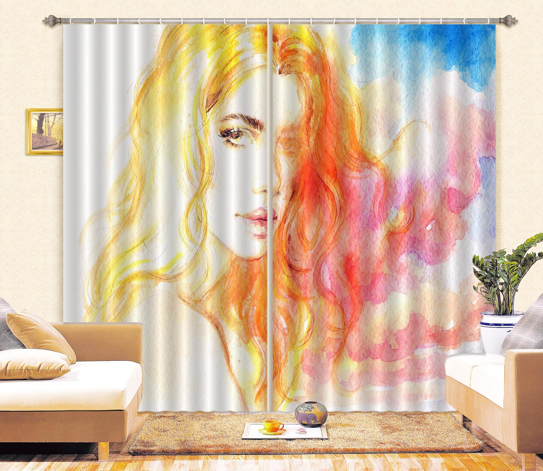 3D Blonde Woman 058 Curtains Drapes