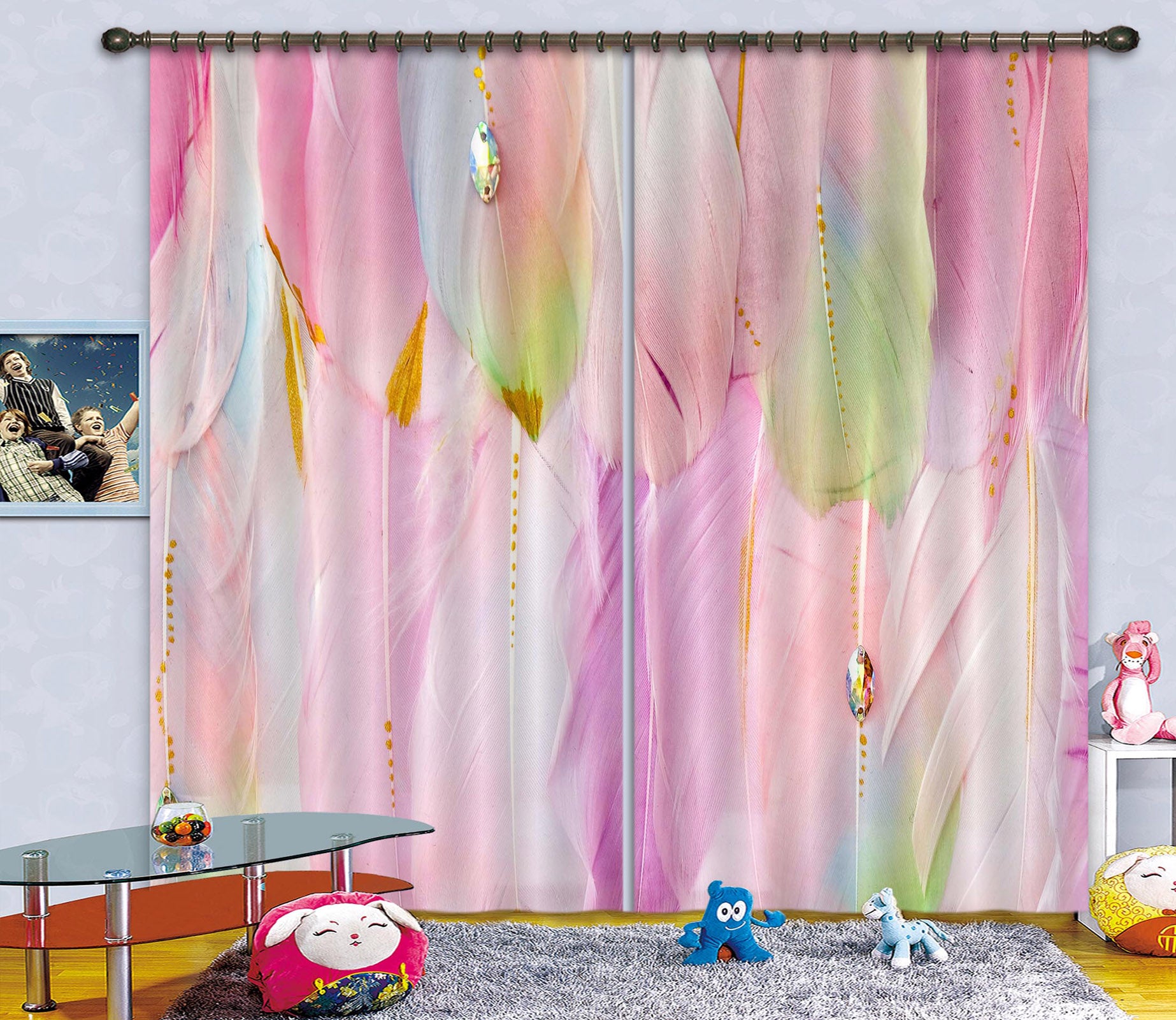 3D Pink Feather 122 Curtains Drapes