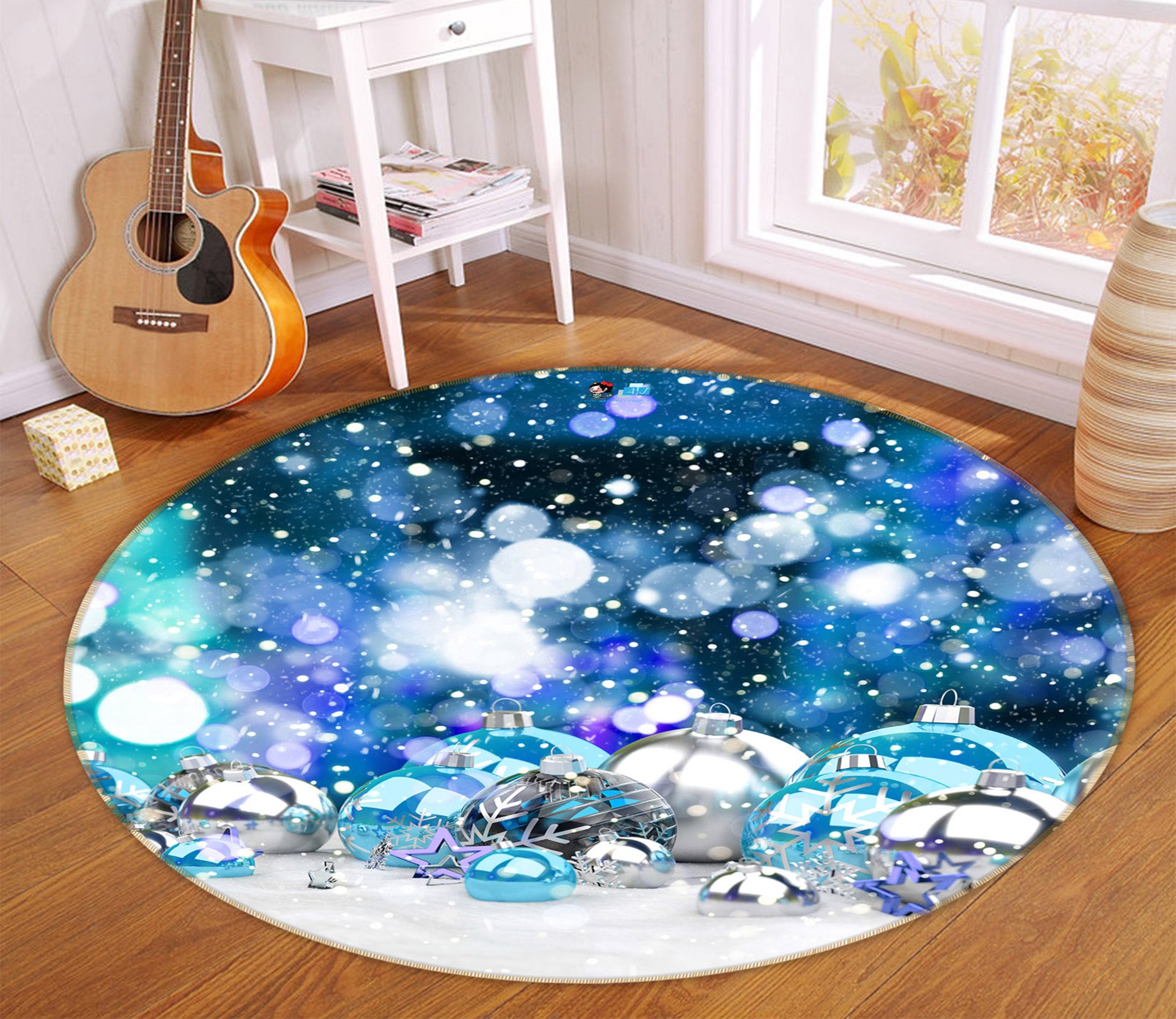 3D Silver Blue Ball 55204 Christmas Round Non Slip Rug Mat Xmas