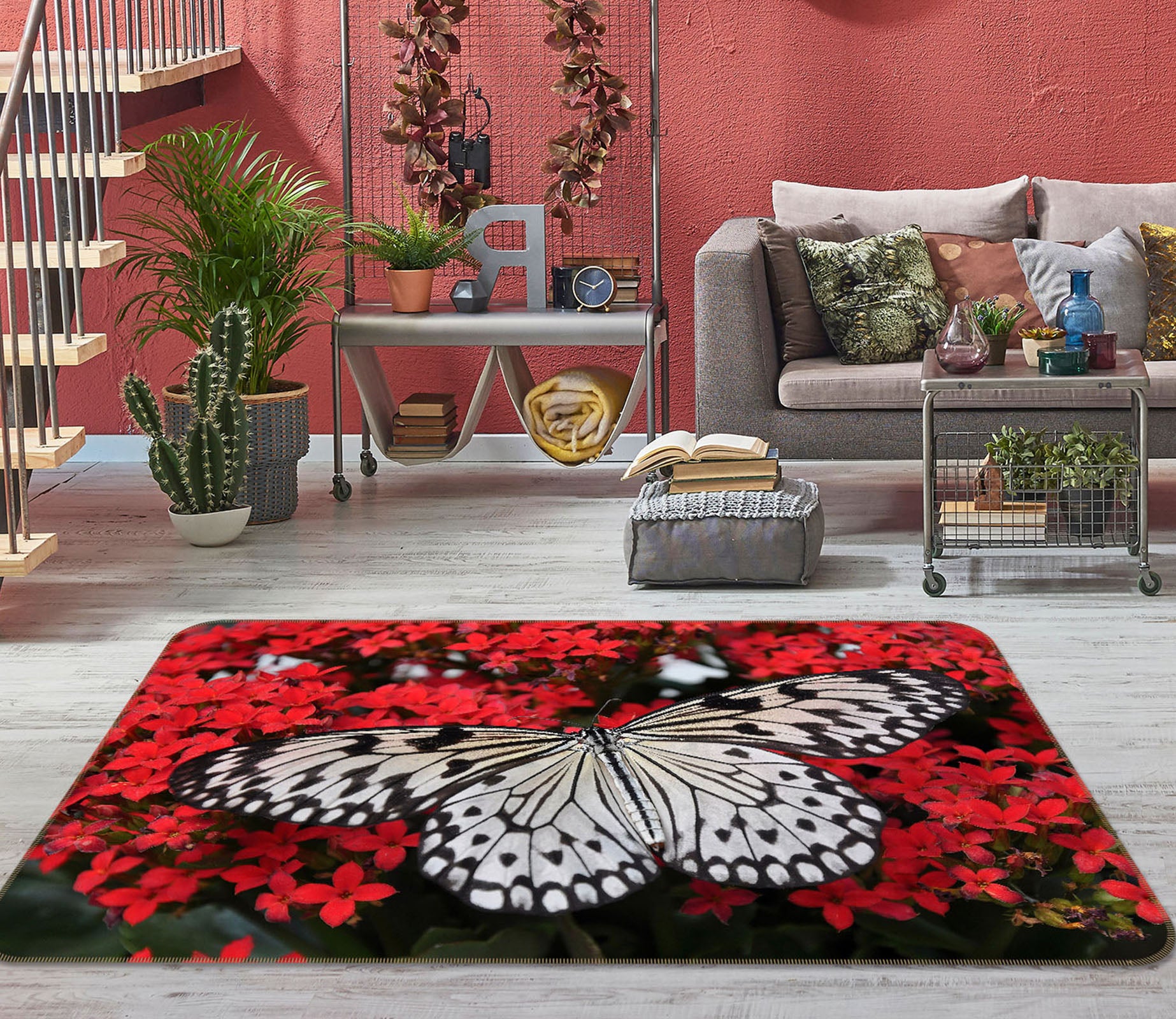 3D White Butterfly 028 Animal Non Slip Rug Mat