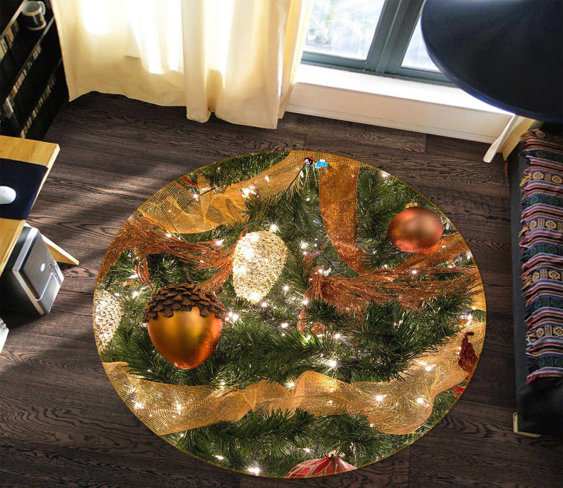 3D Pine Cones 55202 Christmas Round Non Slip Rug Mat Xmas