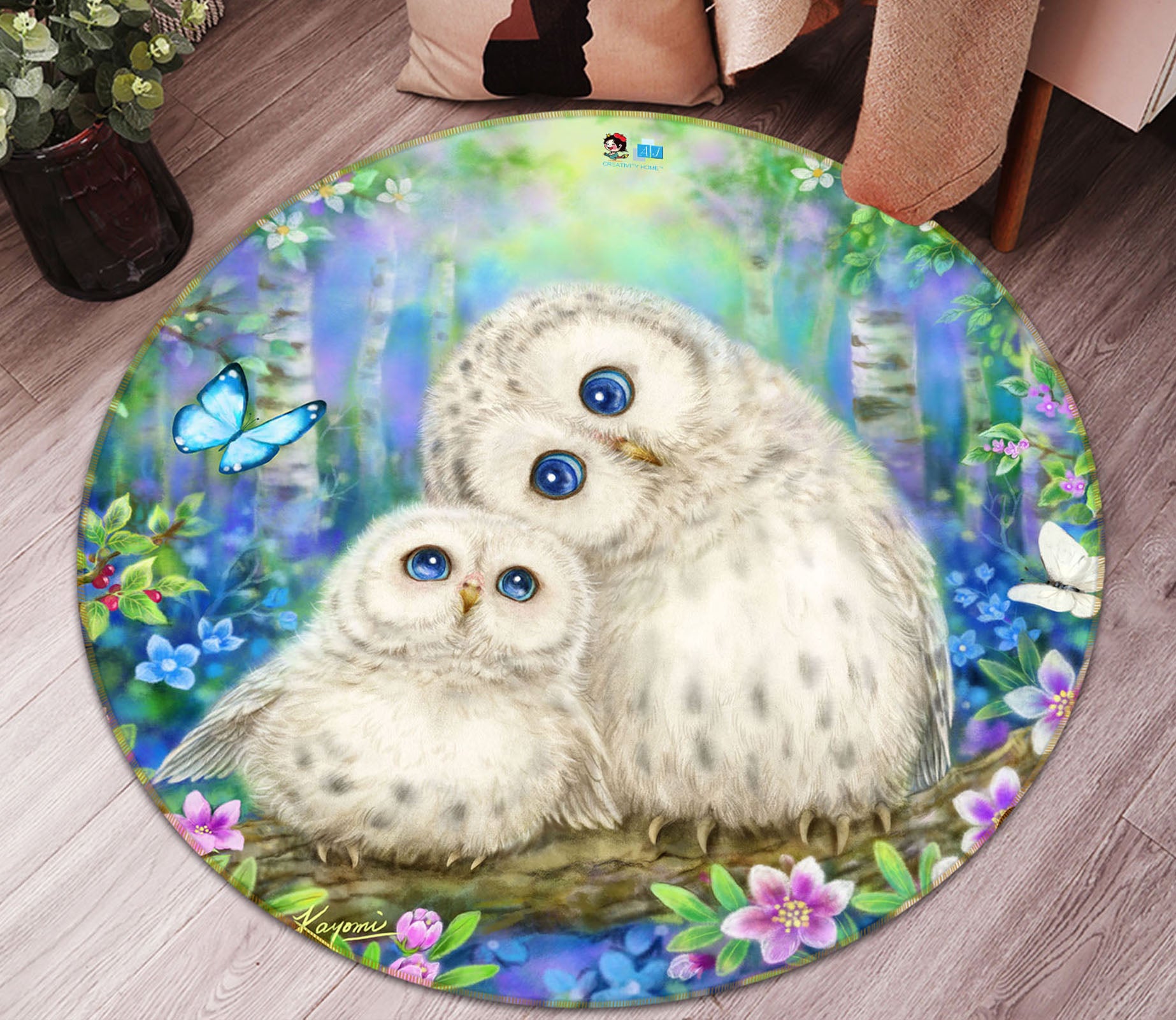 3D White Owl Butterfly 6043 Kayomi Harai Rug Round Non Slip Rug Mat