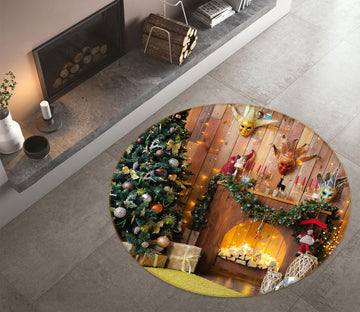 3D Tree Fireplace 55233 Christmas Round Non Slip Rug Mat Xmas