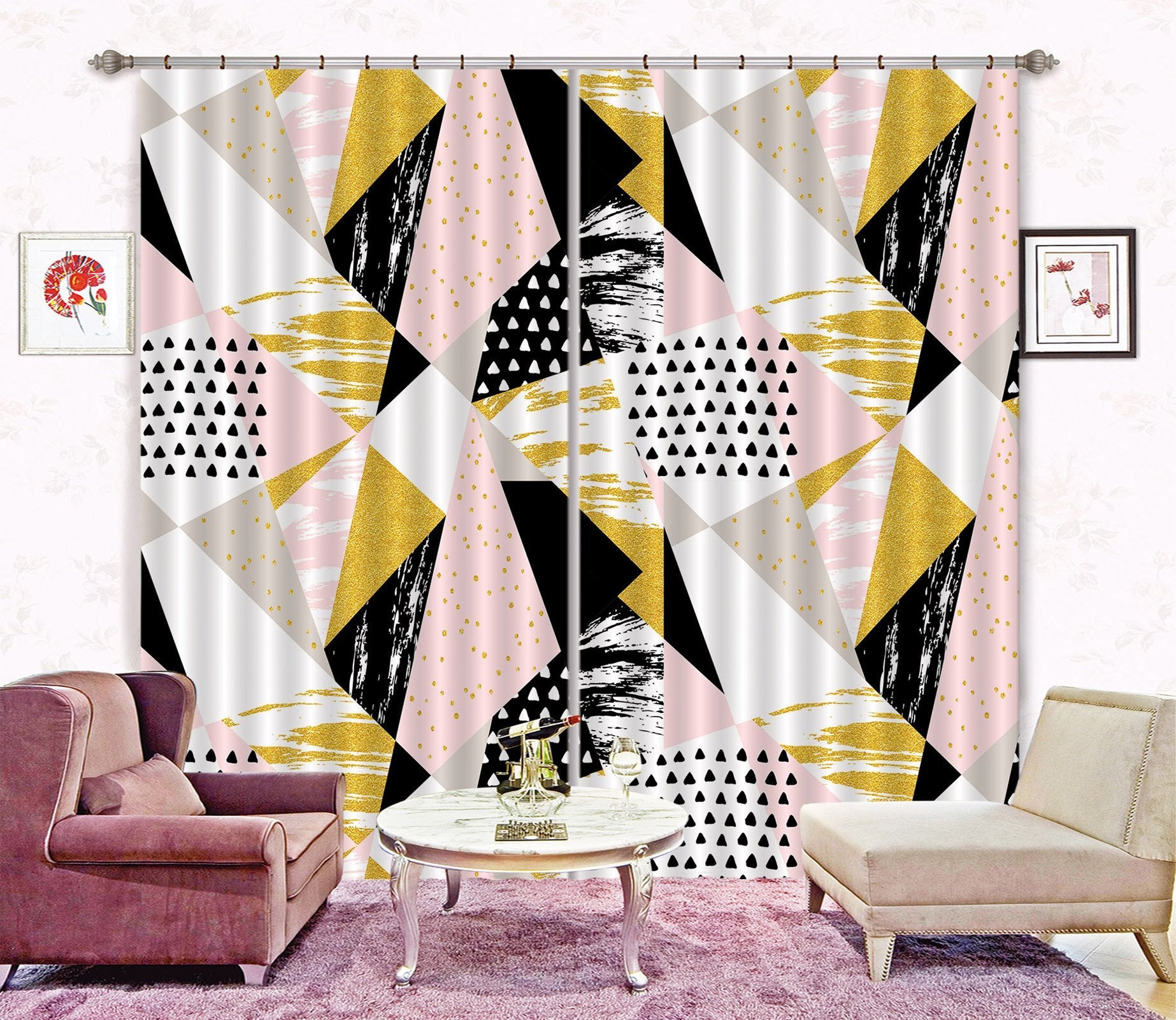 3D Pink Black Triangle 15 Curtains Drapes Curtains AJ Creativity Home 