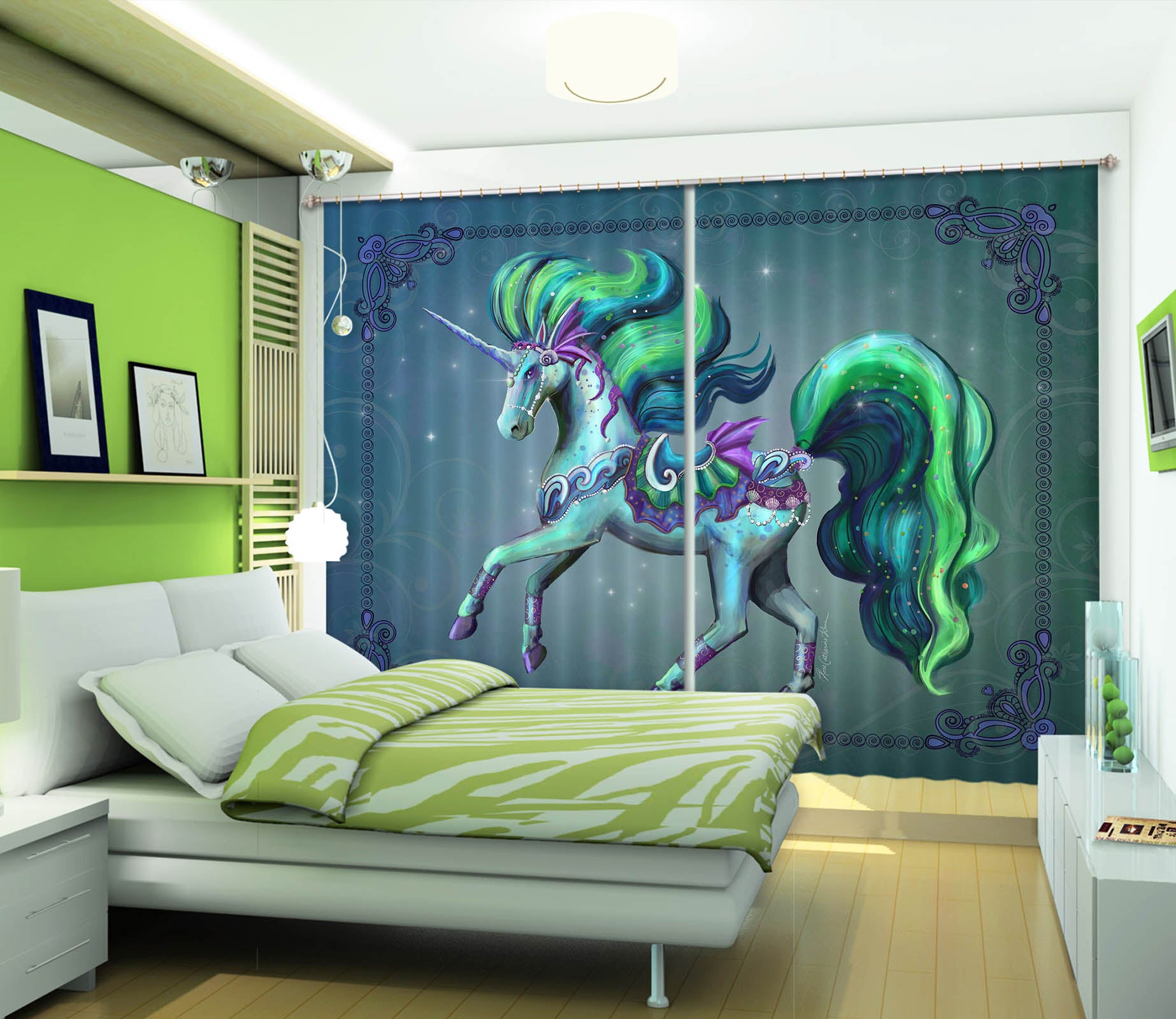 3D Green Unicorn 119 Rose Catherine Khan Curtain Curtains Drapes