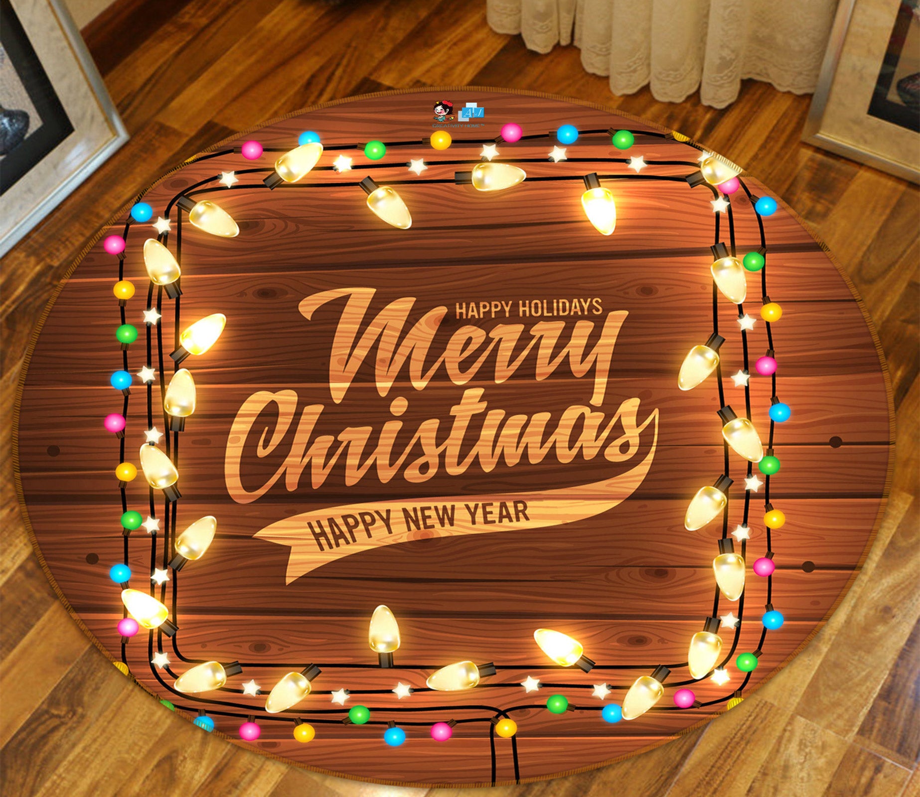 3D String Lights 55182 Christmas Round Non Slip Rug Mat Xmas