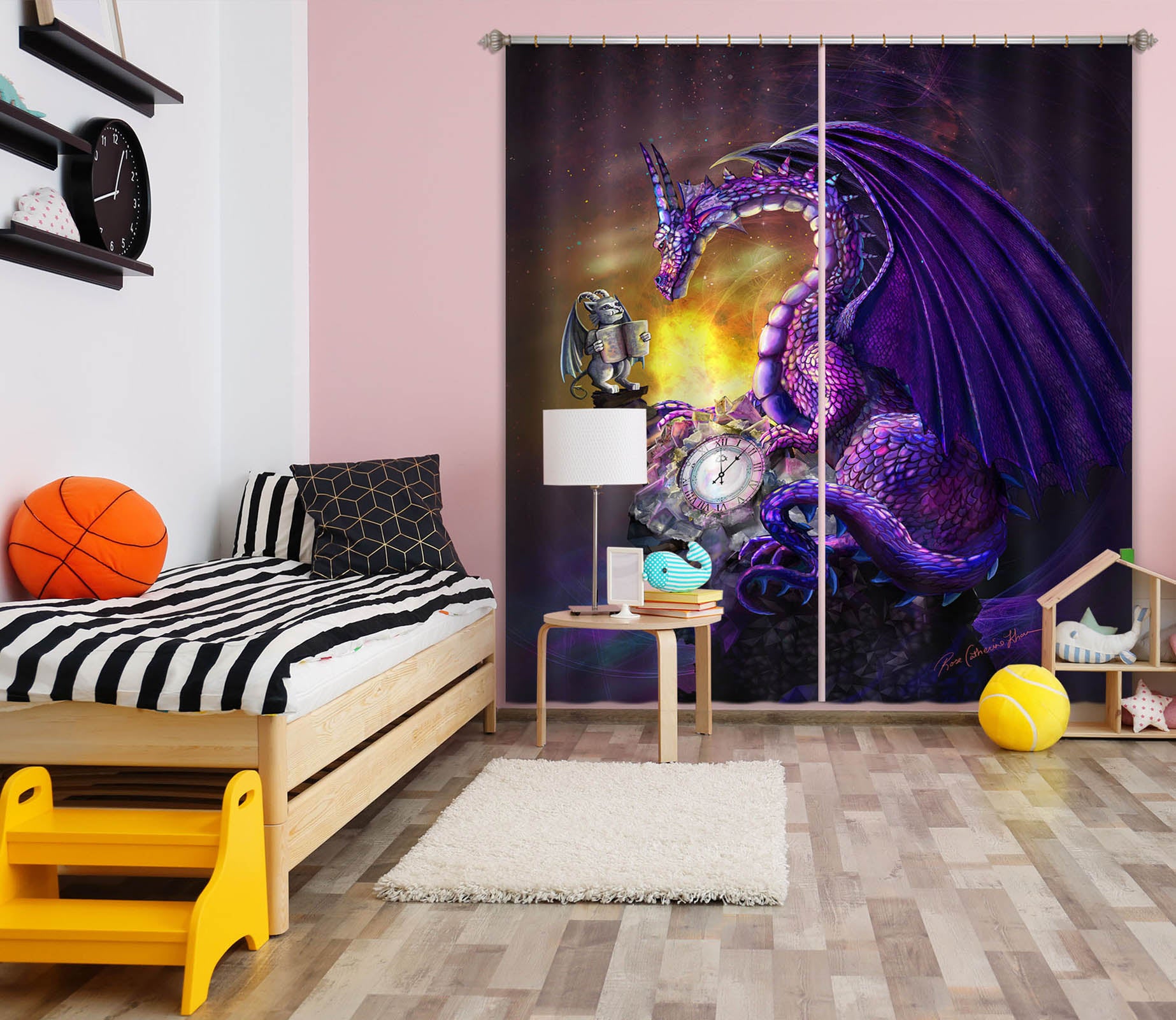 3D Dragon Clock 125 Rose Catherine Khan Curtain Curtains Drapes
