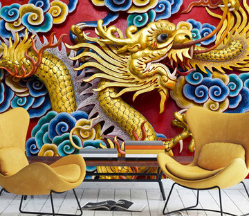 3D Golden Dragon Carving 1524 Wall Murals