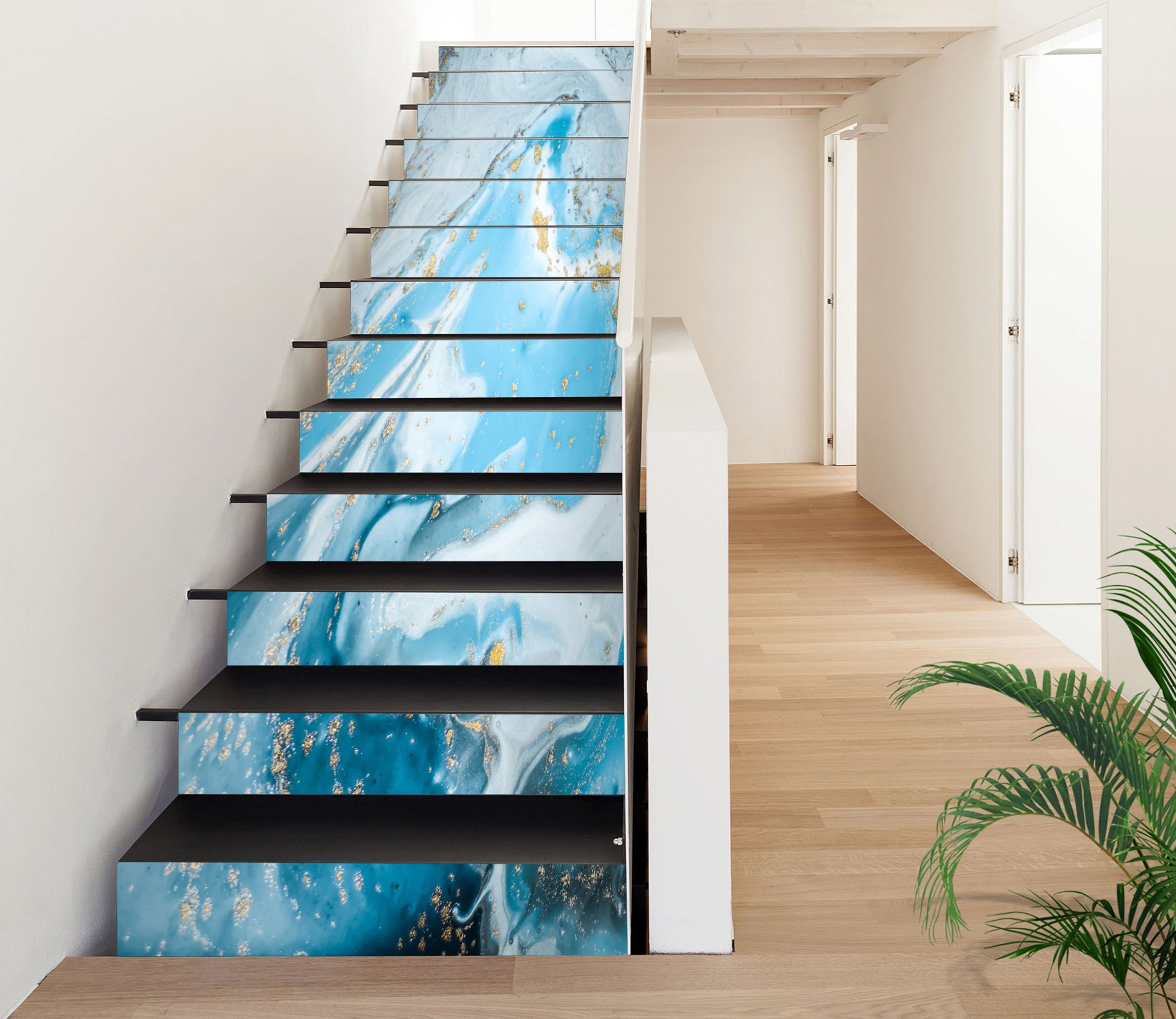 3D Blue And Gold Waves 308 Stair Risers